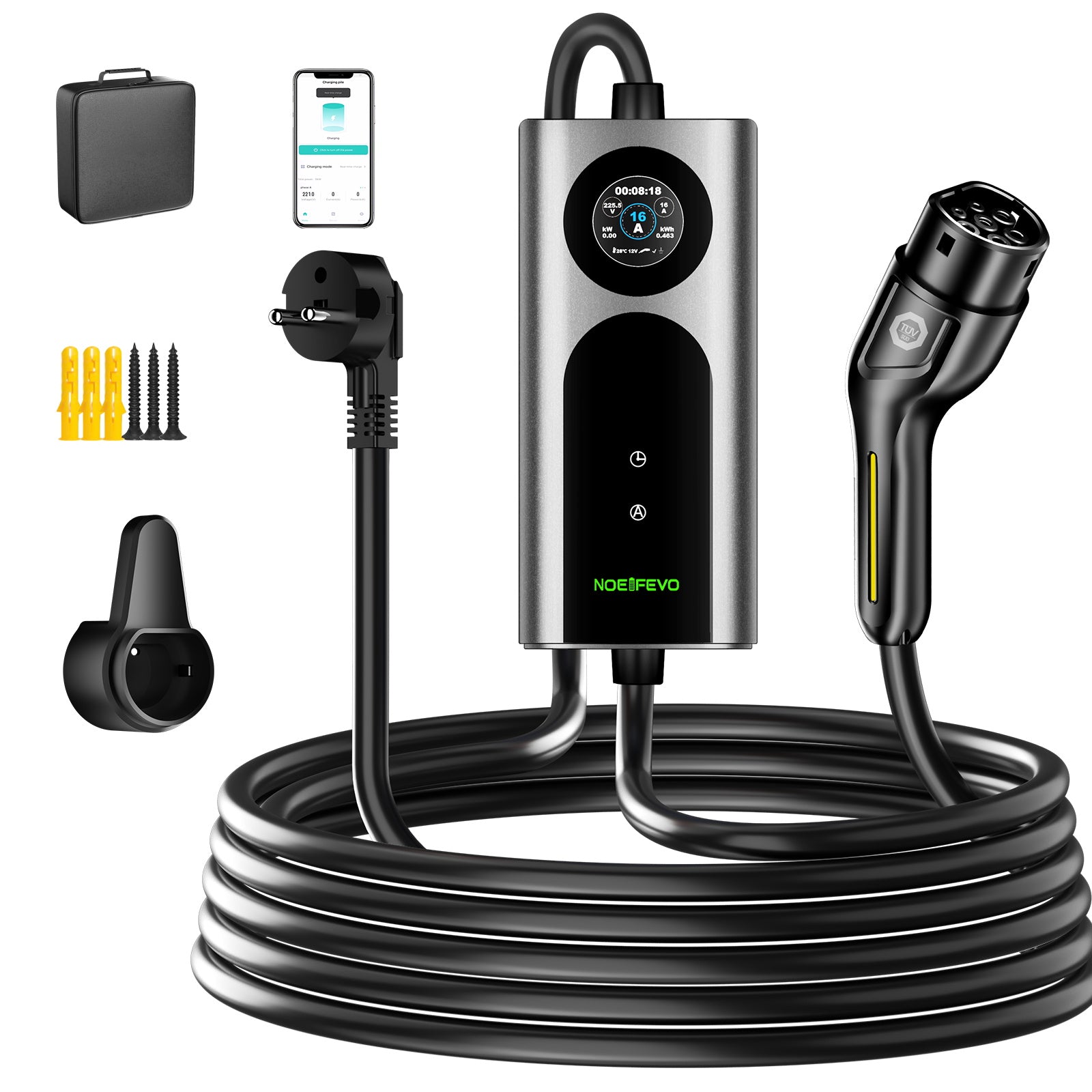 NOEIFEVO CY01 Typ 2 Laddkabel Schuko 220V, 3,7kW Mobil väggbox med APP, 6-16A 1-fas Laddkabel för Alla EVs (IEC 62196-2) & PHEVs