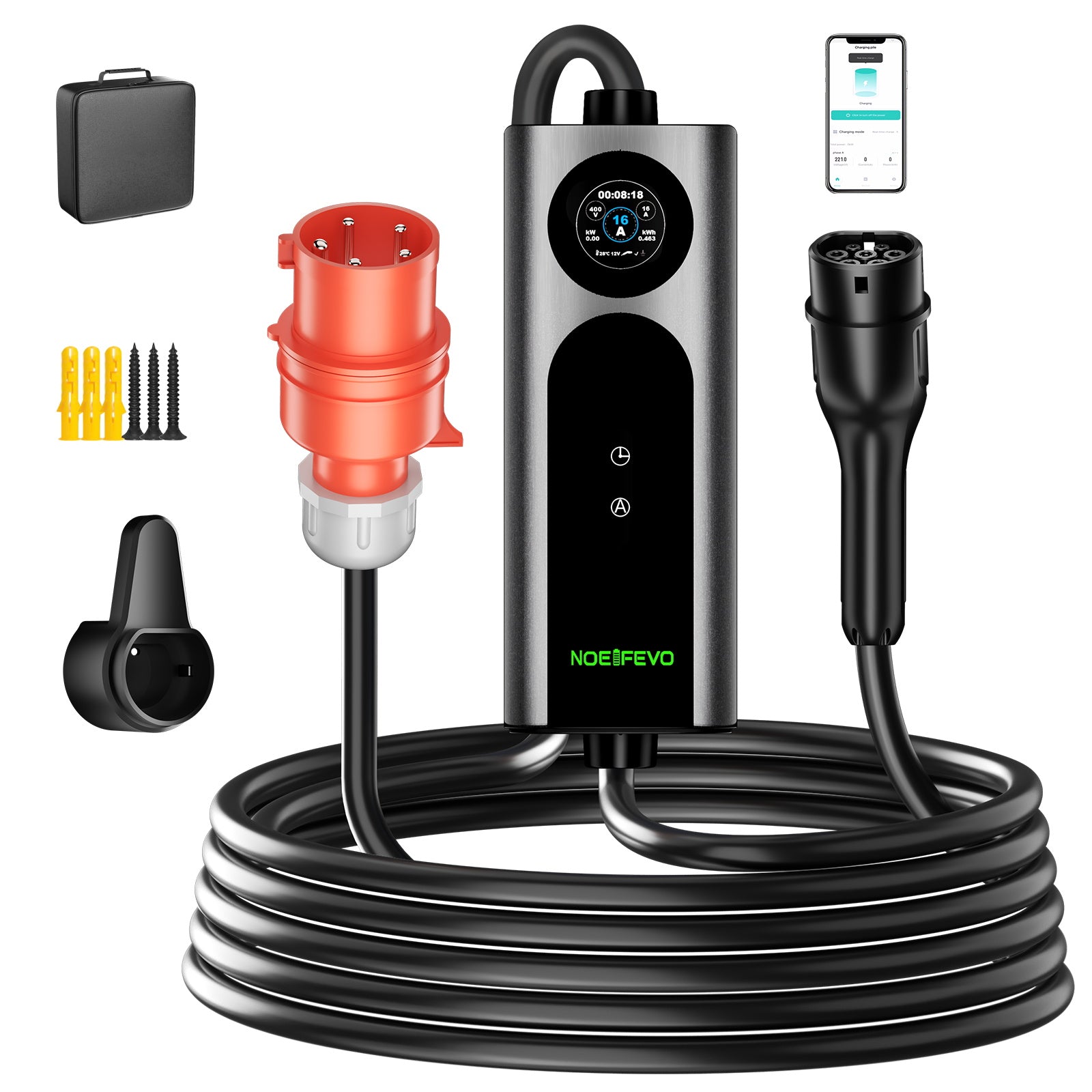 Noeifevo Type 2 Mobiele EV Wallbox, 11KW 3-fase CEE16A Instelbare Laadvermogen EV Lader, 5m/10m/15m EV Oplaadkabel voor Model Y/3, ID.3/4/5, MG4, EX30, e-up, e-tron, Zoe en andere EV's.
