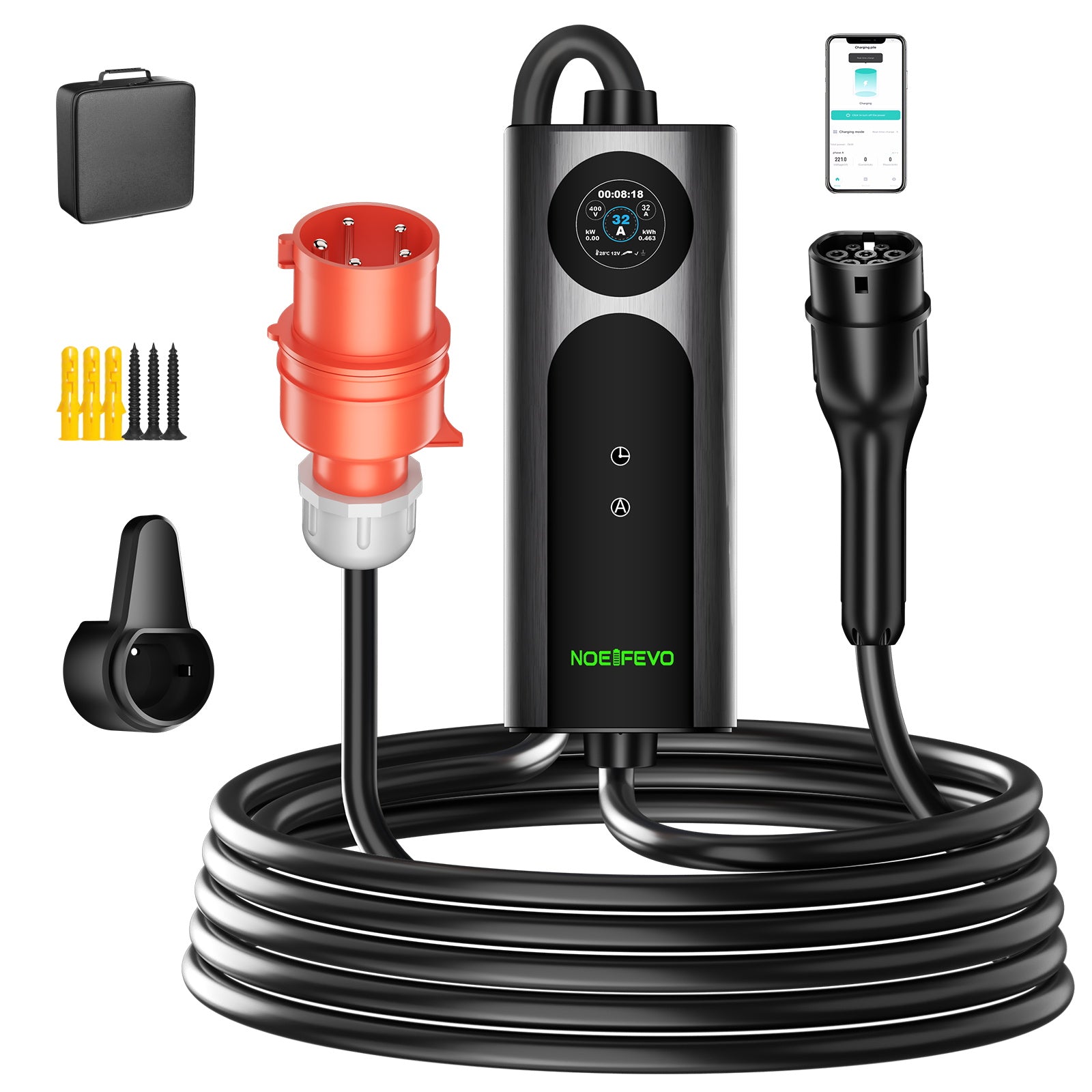 22KW 32A 3 fas Mobile EV Wallbox, typ 2 snabbladdare för elfordon, 5 meter kabel, CEE 32A-kontakt