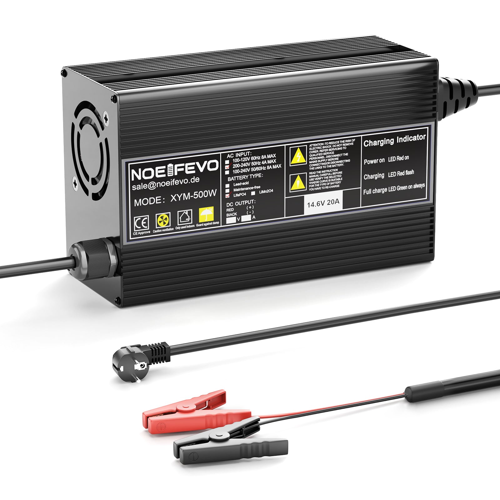 Noeifevo 14,6 V 20 A LiFePO4 Caricabatterie per batteria al litio 12 V 12,8 V LiFePO4, attivazione BMS 0 V, spegnimento automatico, alloggiamento in lega di alluminio