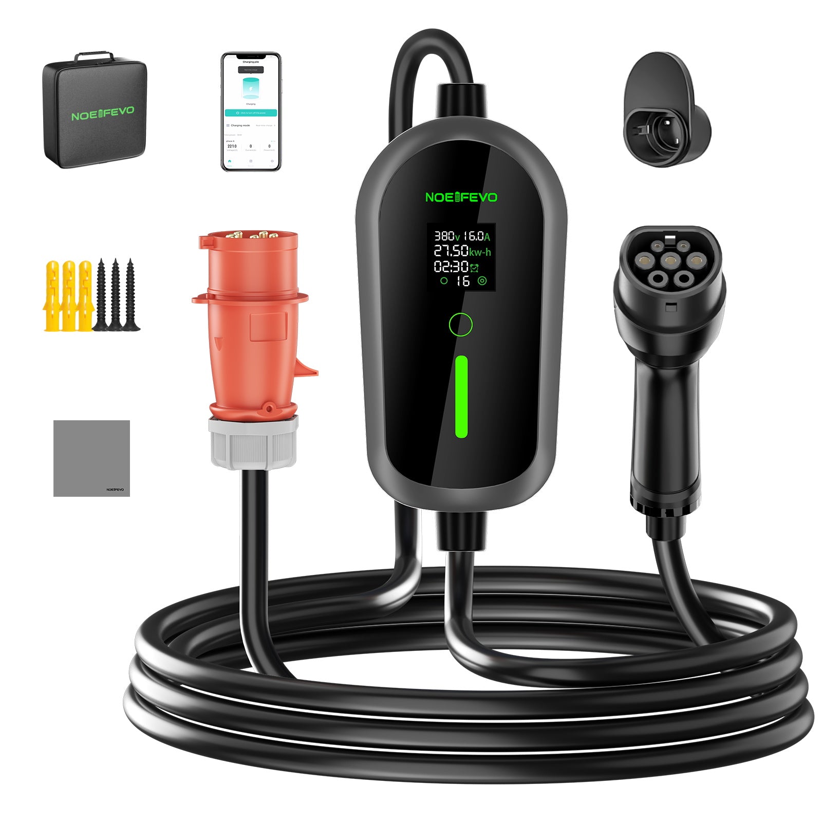 NOEIFEVO F097 11KW Wallbox mobile EV con app, 3-fase 6-16A con potenza di carica regolabile, controllo remoto Wi-Fi, cavo di ricarica CEE 16A a Tipo 2 per caricatore EV