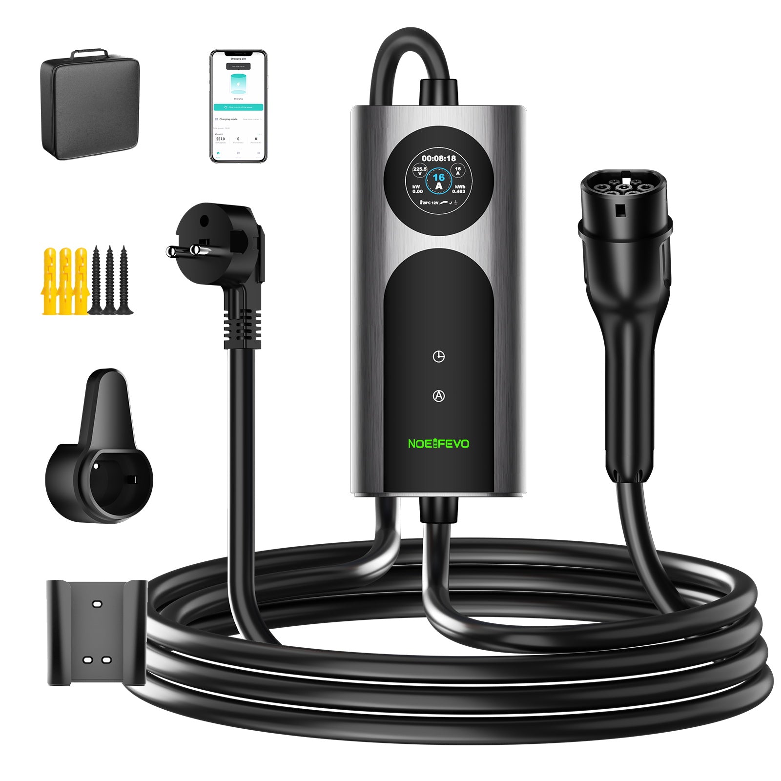 NOEIFEVO CY01 Typ 2 Laddkabel Schuko 220V, 3,7kW Mobil väggbox med APP, 6-16A 1-fas Laddkabel för Alla EVs (IEC 62196-2) & PHEVs