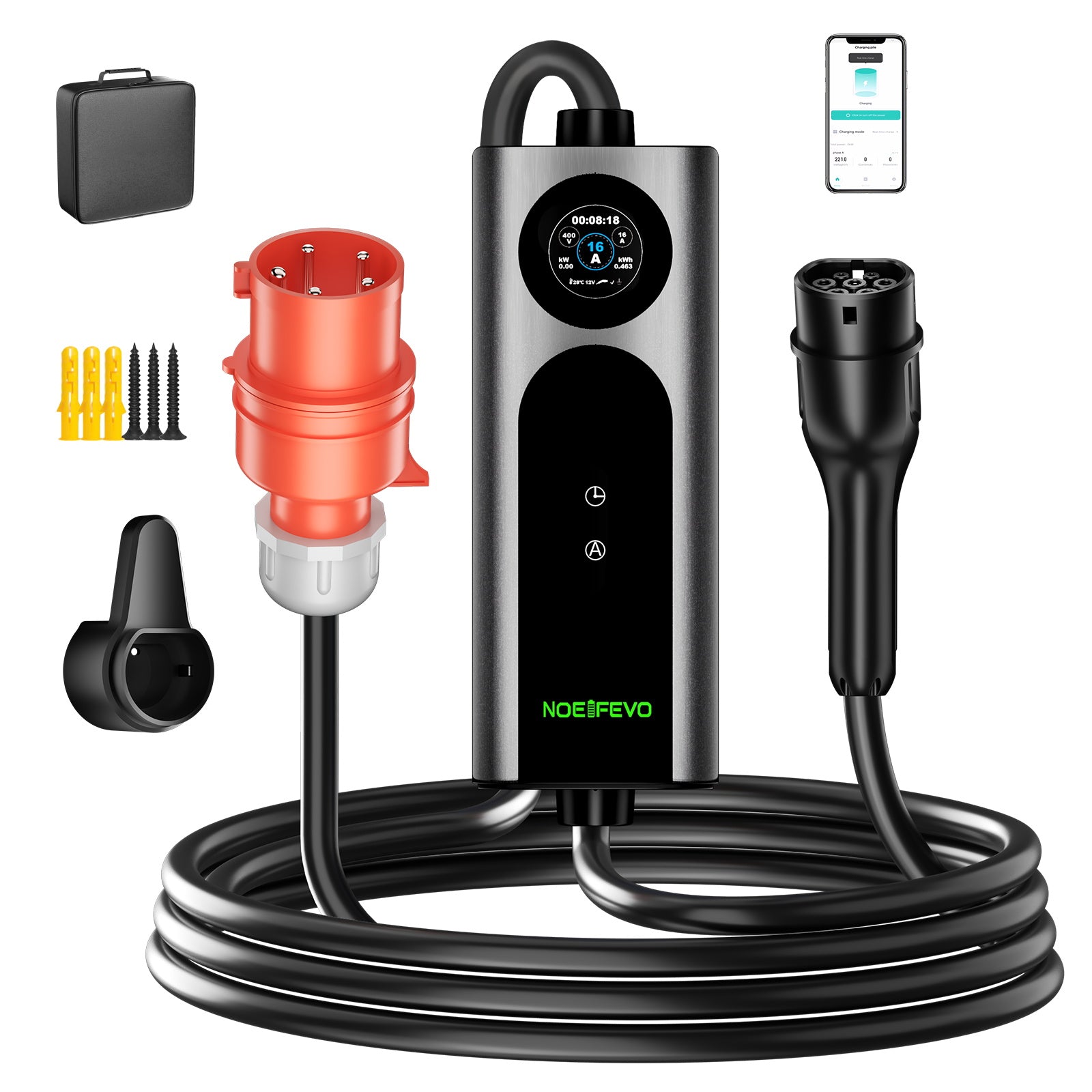 NOEIFEVO 2026 Pro mobilní wallbox 11 kW s aplikací, nabíjecí kabel pro elektromobily CEE 16A na Typ 2, 3fázová EV nabíječka pro všechny EV (IEC 62196-2) a PHEV