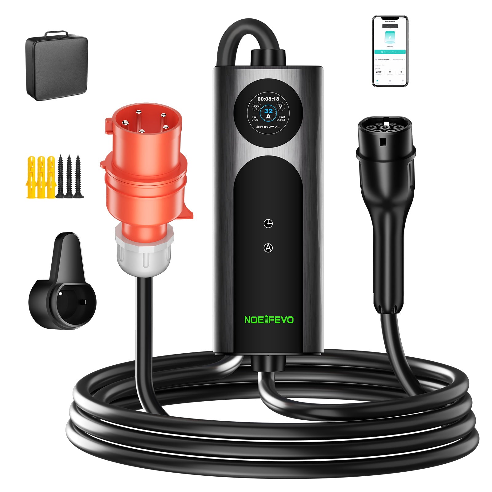 22KW 32A 3 fas Mobile EV Wallbox, typ 2 snabbladdare för elfordon, 5 meter kabel, CEE 32A-kontakt