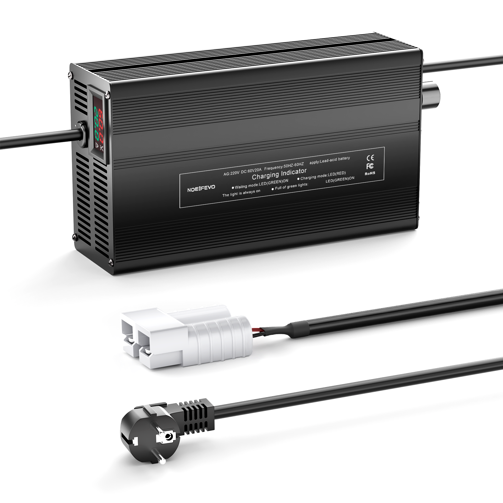 NOEIFEVO 60V 1A-20A Strøm Justerbart Batterioplader til Blysyre Batterier, AGM, Gel, Golfvogn Batterioplader, LED Skærm