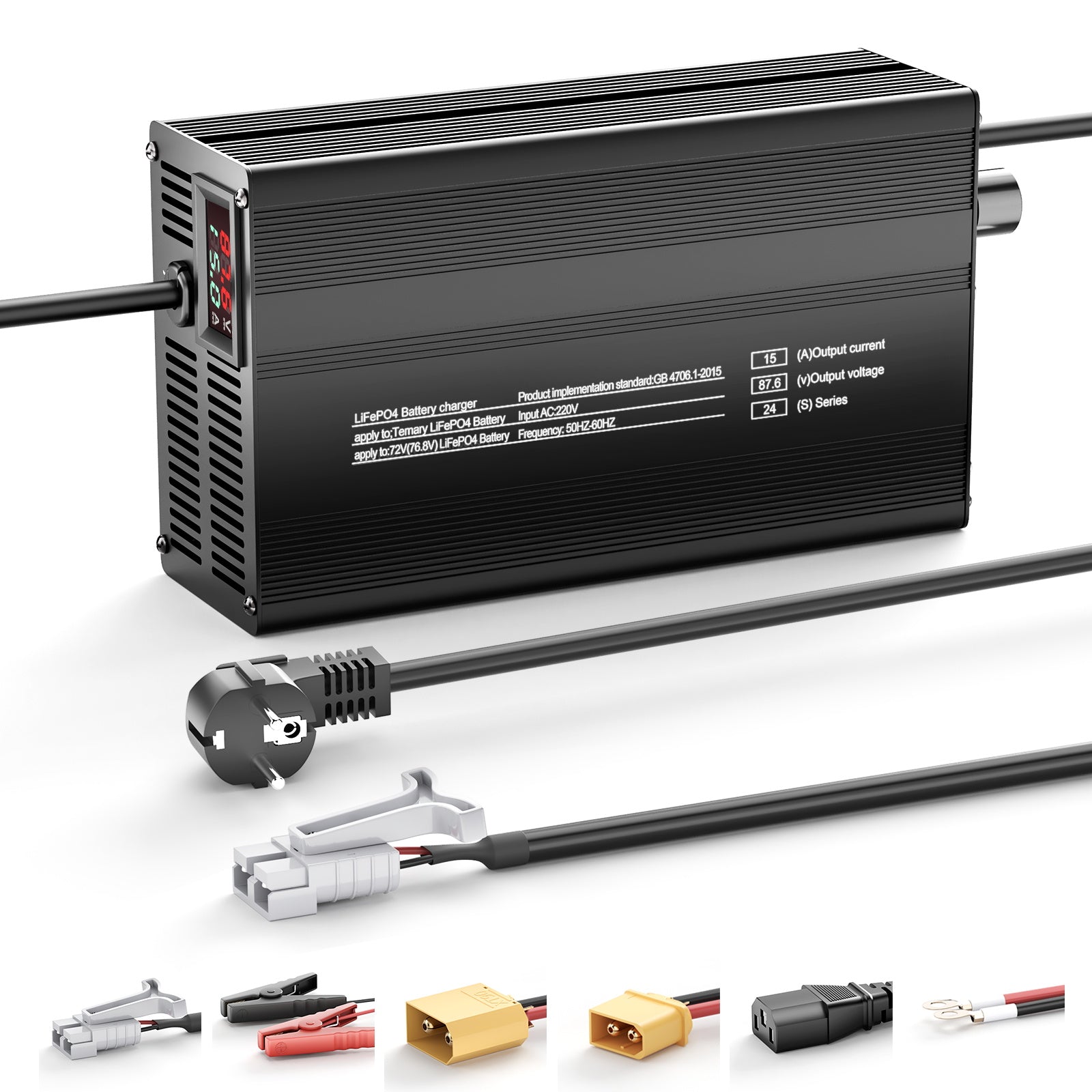 NOEIFEVO 87.6V 15A 24S LiFePO4 Lithium-Batterieladegerät, för 24S 76.8V Li-Ion-batterier, Stromeinstellung 1–15A, langsames Laden und schnelles Laden (MLC1300)