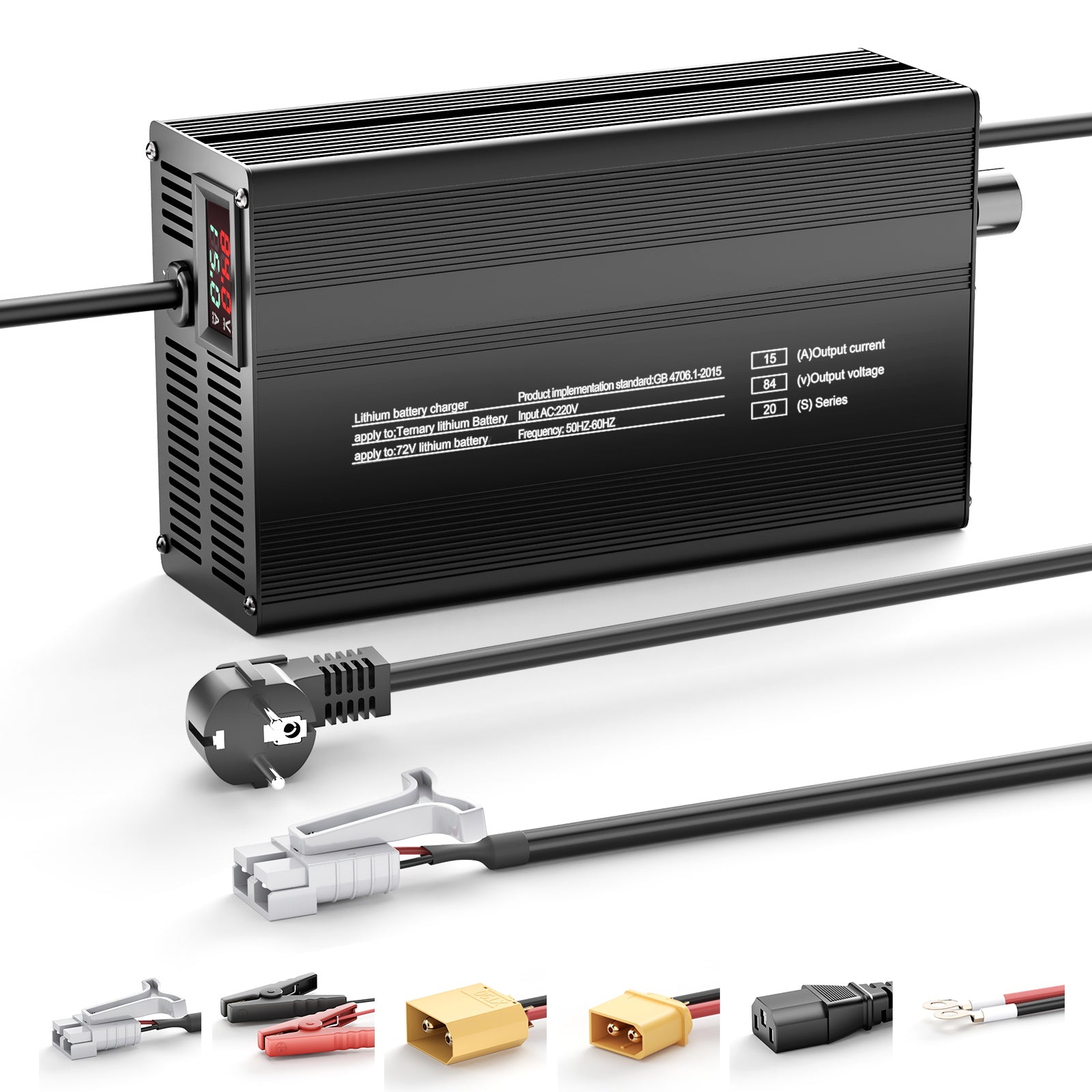 NOEIFEVO 84V 15A lithiumbatterijlader voor 20S 74,0V Li-Ion batterijen, stroominstelling 1-15A, langzaam opladen en snel opladen (MLC1300)