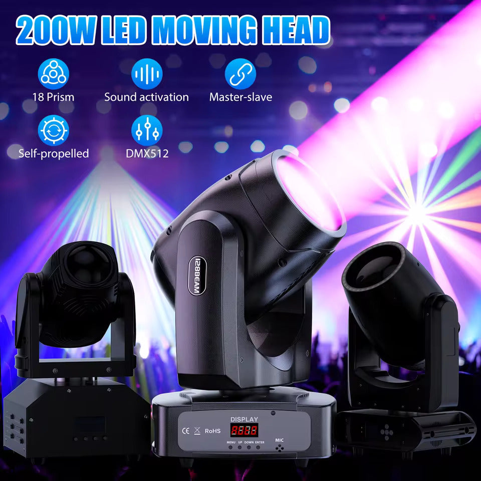 200W LED beam moving head-lyskaster, fargeprojektor med 18 prismer for scenebelysning, effektprojektor for barer, bursdagsfester, klubber, KTV-er, konserter og teater
