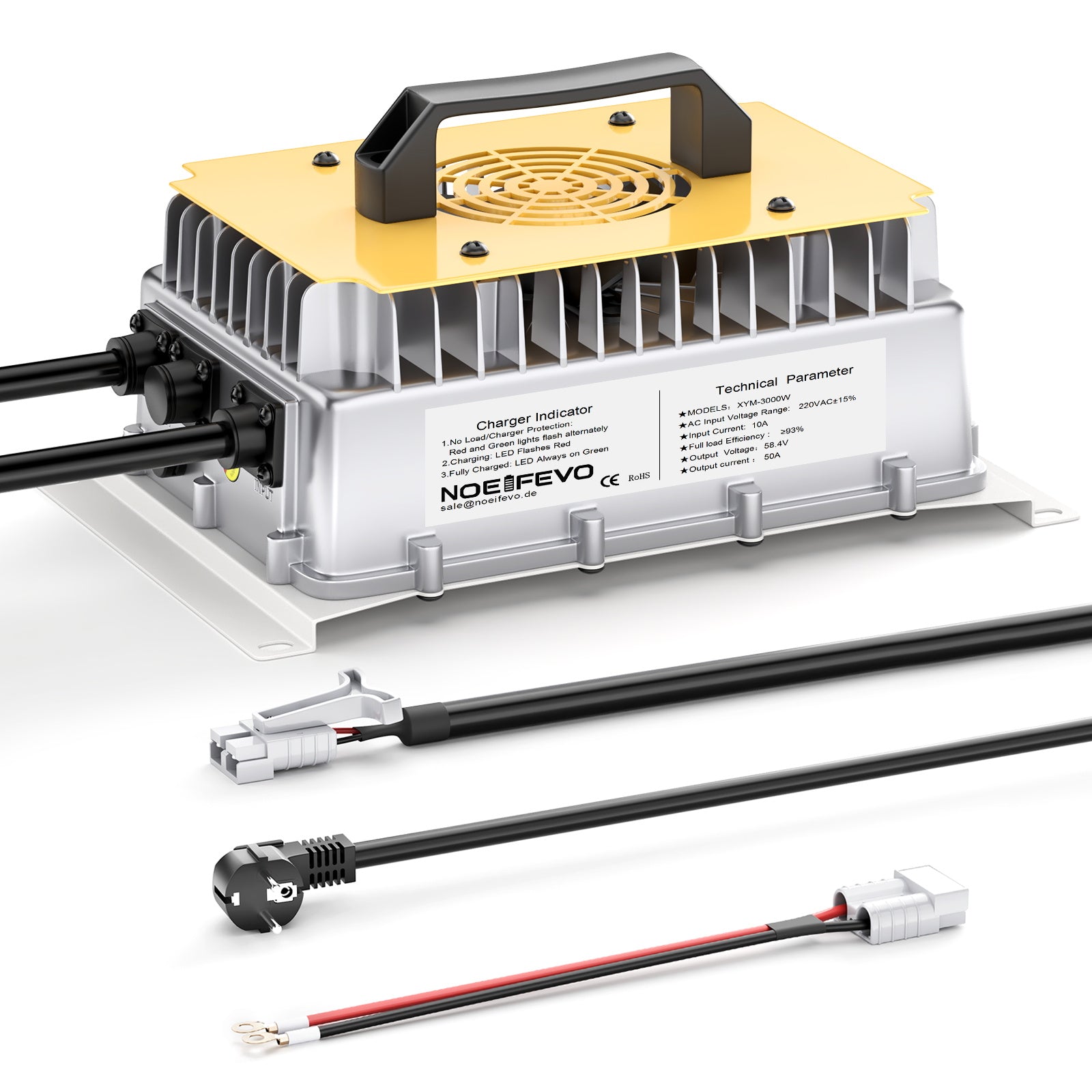 NOEIFEVO 58.4V 50A LiFePO4 batteriladdare för 51.2V (48V) 16S LiFePO4 batteri, vattentät, 0V BMS aktiverad