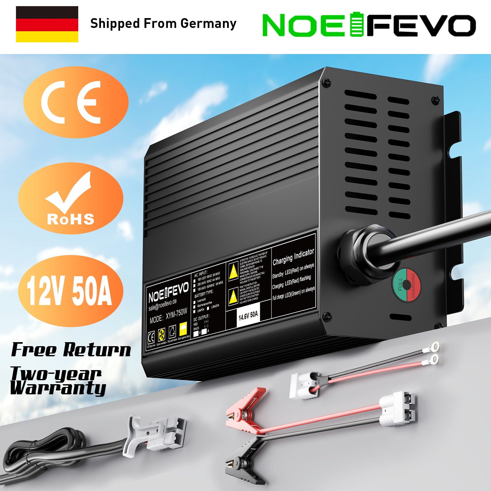 Noeifevo 14,6V 50A Snabb Lithium LiFePO4 batteriladdare för 12V(12,8V) LiFePO4 batteri, 0V BMS aktivera, automatisk avstängning med fullt skydd