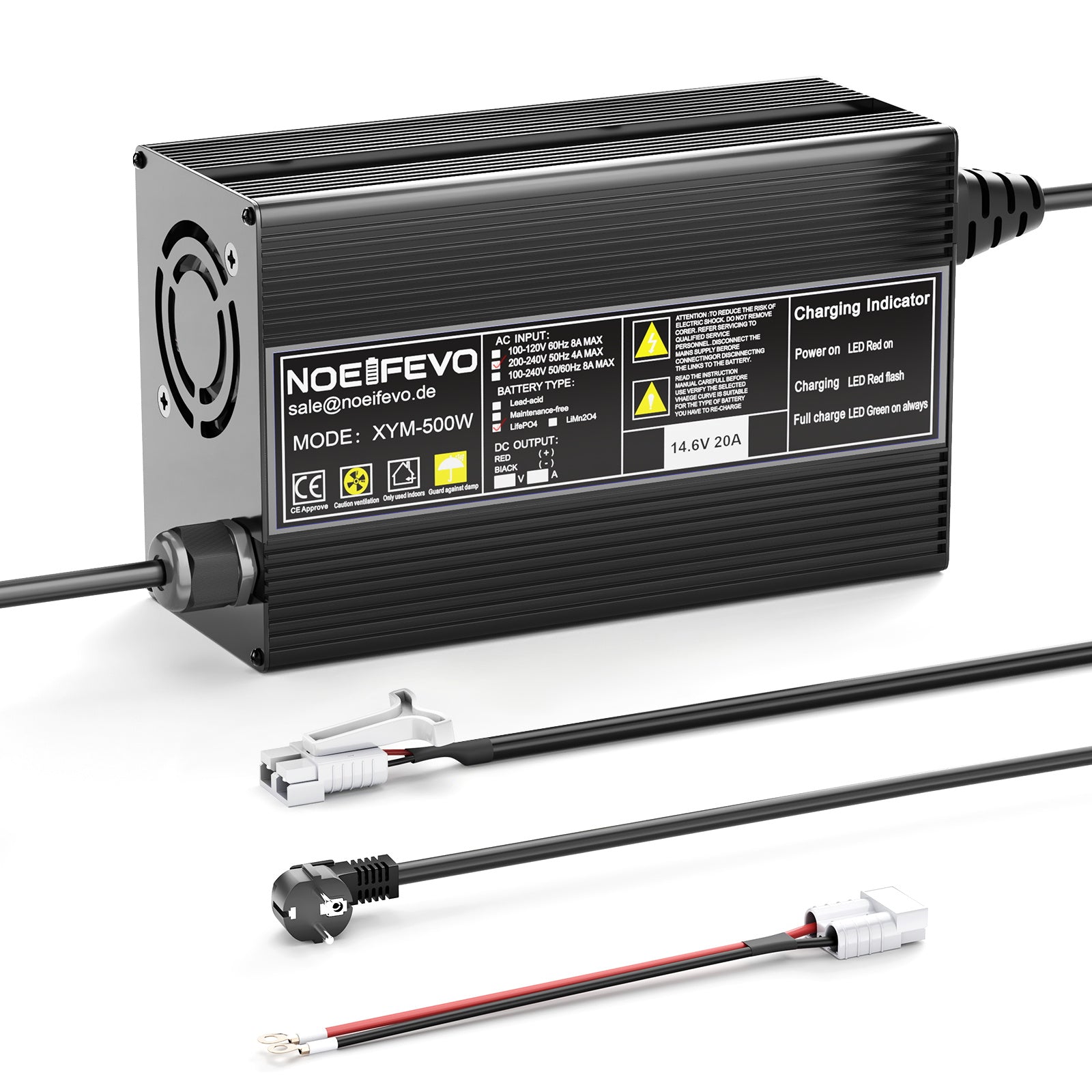 Noeifevo 14.6V 20A LiFePO4 batteriladdare för 12V 12.8V LiFePO4 batteri