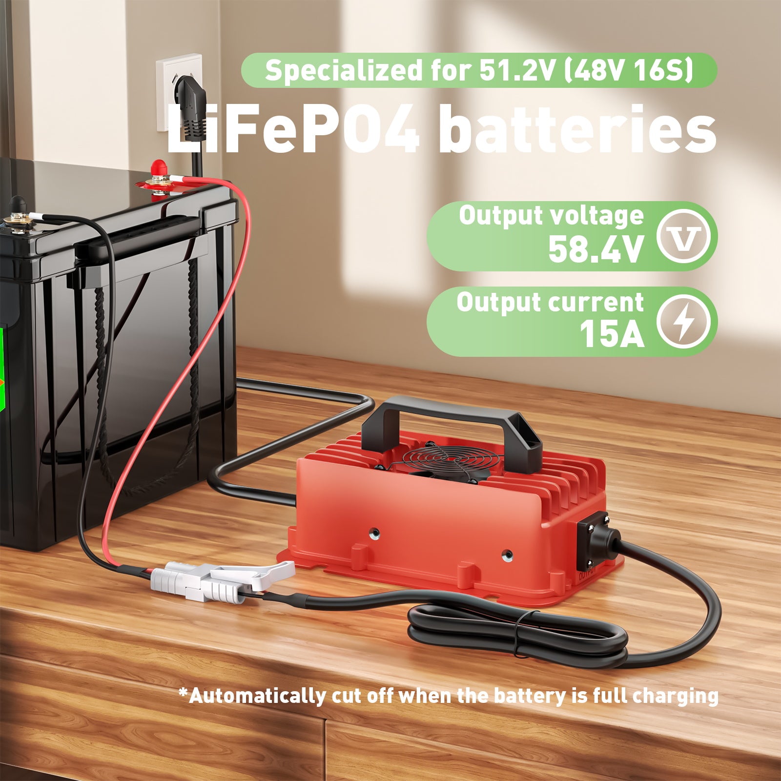 NOEIFEVO 58,4V 15A waterdichte LiFePO4-batterijlader voor 51,2V (48V) 16S LiFePO4-batterij