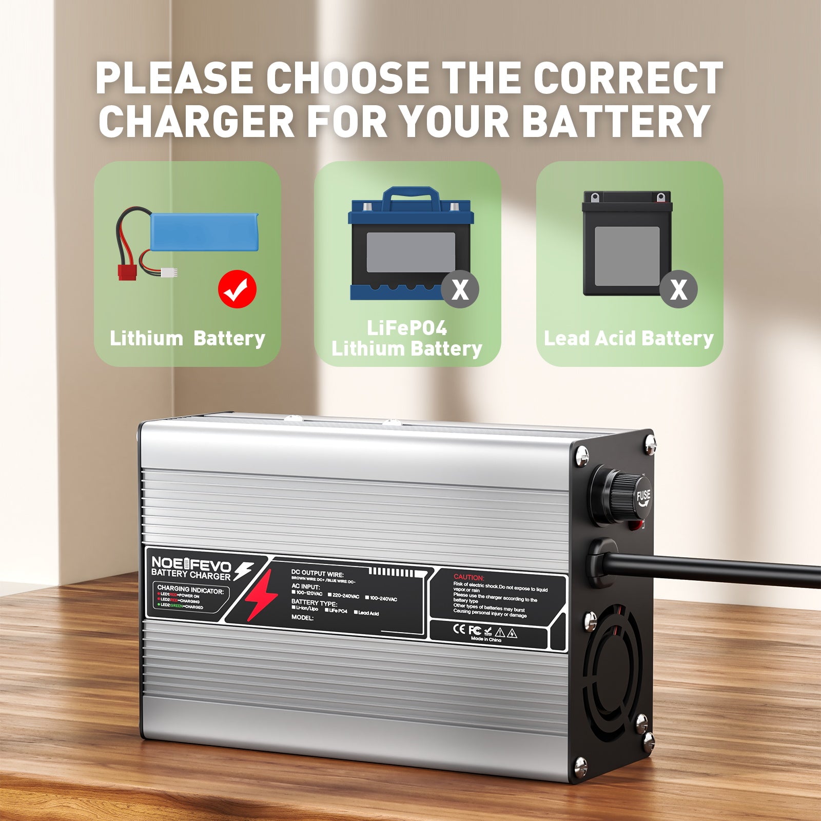 NOEIFEVO 50,4V2A 2.5A 3A Lithium-Oplader til 12S 44,4V Li-Ion Lipo-batterier, med køleventilator og automatisk afbrydelse.