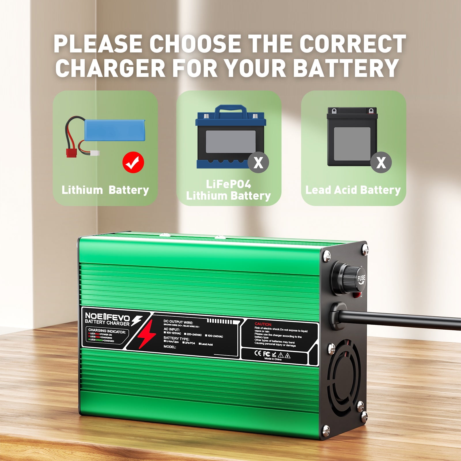 NOEIFEVO 46.2V 2A 3A 3.5A 4A litiumladdare för 11S 40.7V Li-Ion Lipo-batterier, kylfläkt, automatisk avstängning (GRÖN)