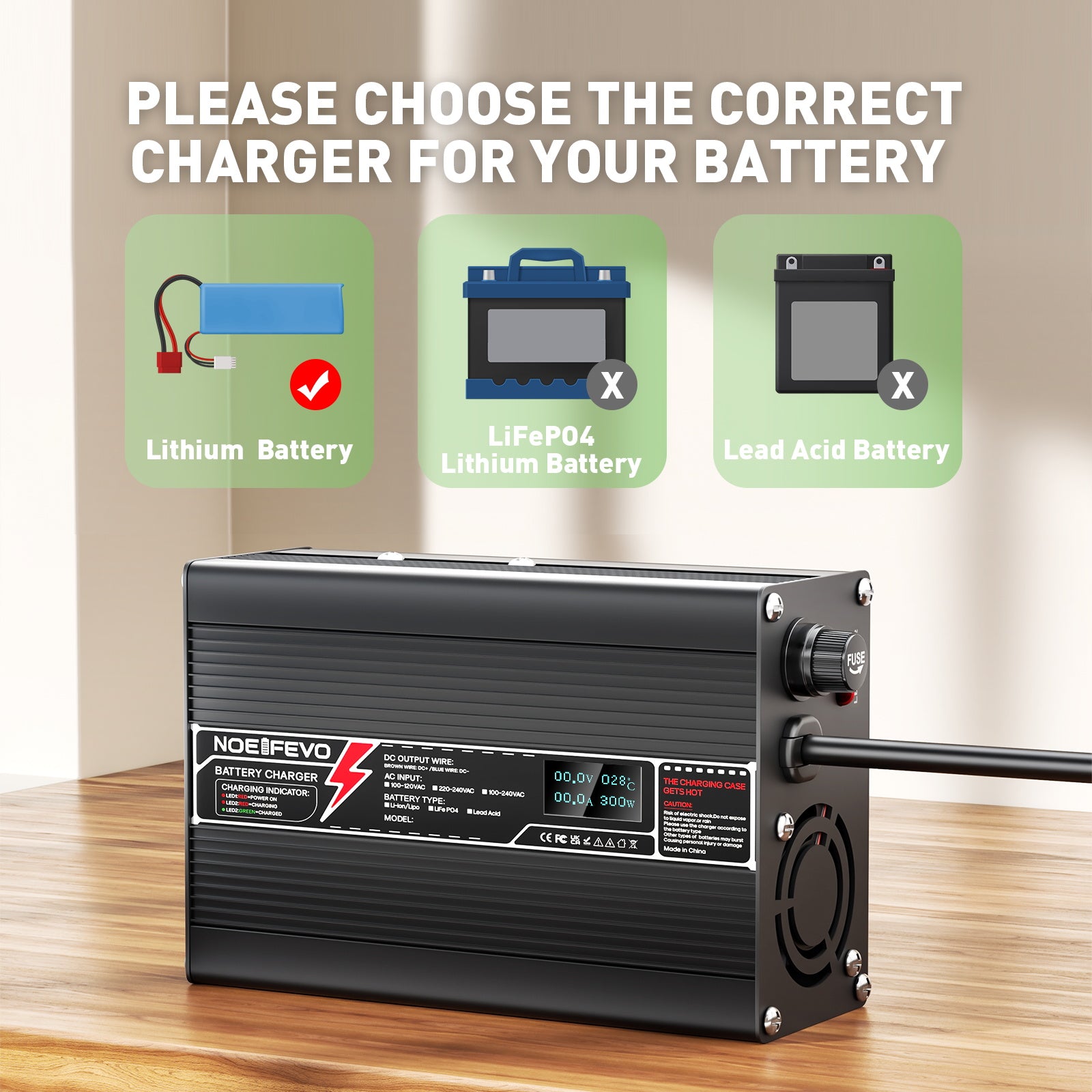 NOEIFEVO 12,6V 5A Lithium-oplader til 3S 11,1V Li-Ion Lipo-batterier, med LCD-skærm, kølefan, automatisk slukning.