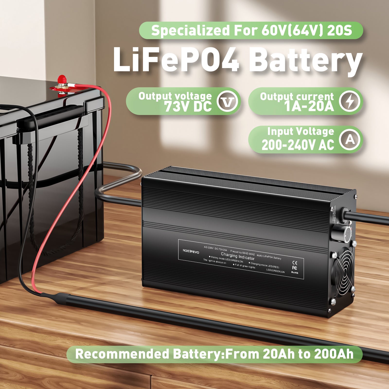 NOEIFEVO 73V 20A Ładowarka do akumulatorów Lithium-LiFePO4 dla akumulatorów 60V 64V 20S LiFePO4, z wyświetlaczem LCD, regulowanym prądem, ładowarka do silników trollingowych, łodzi i kamperów