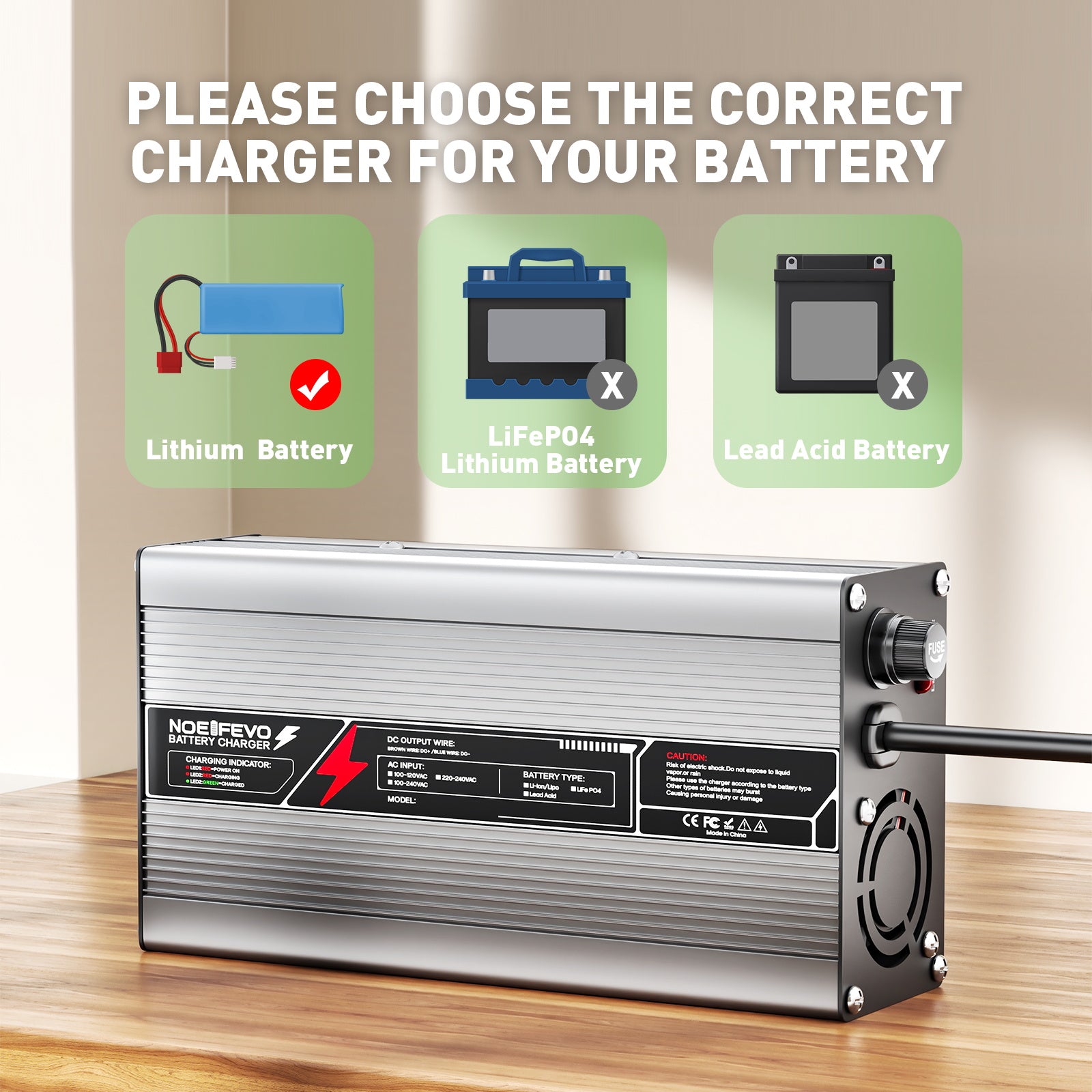 NOEIFEVO 36,5V 10A LiFePO4-batteriladdare för 32V 10S-batteri, automatisk avstängning, aluminiumhus, med fläkt