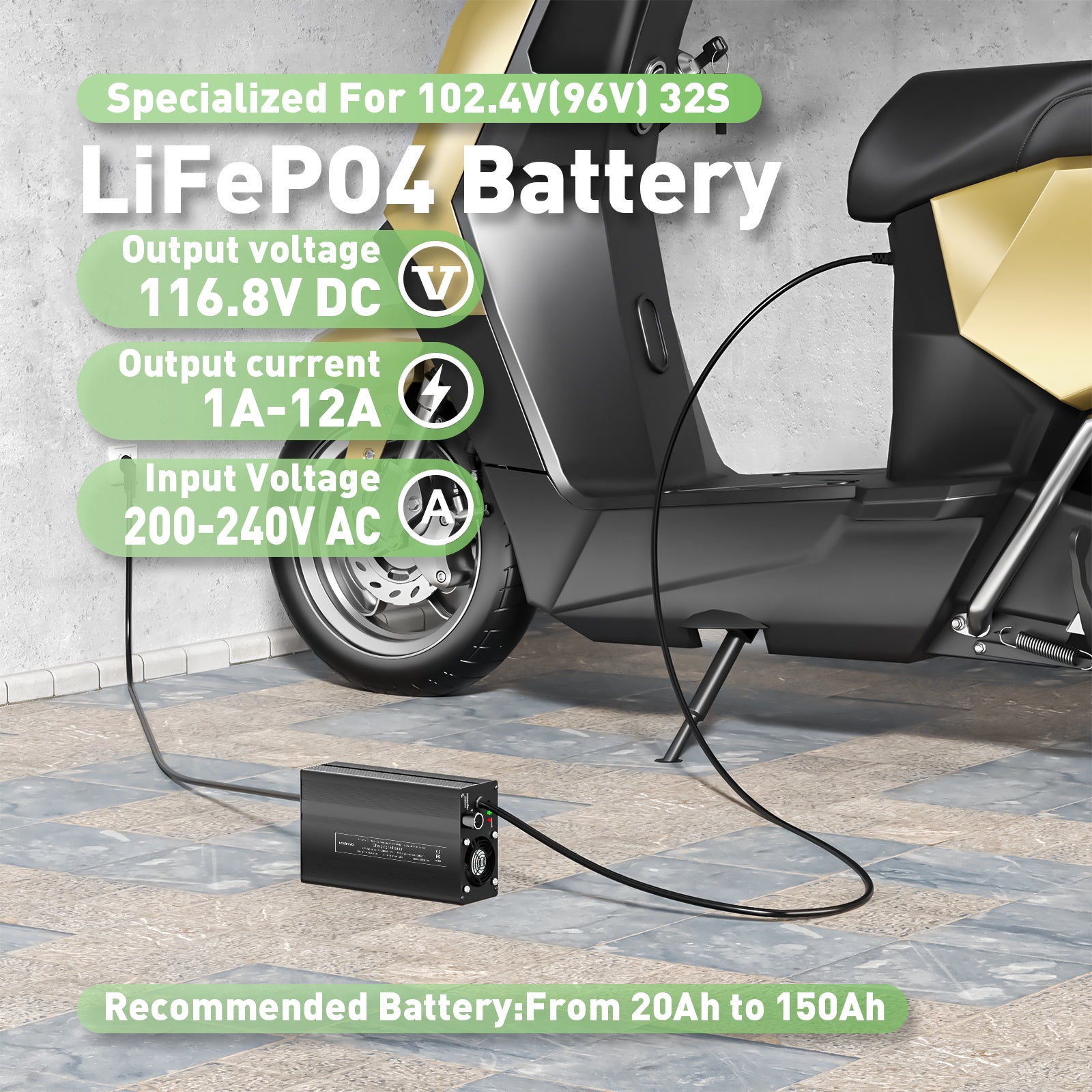 הטוען הסוללות LiFePO4 NOEIFEVO 116.8V 1A-12A, מתאים לסוללות LiFePO4 102.4V (96V) 32S, תצוגת LCD, זרם מתכוונן