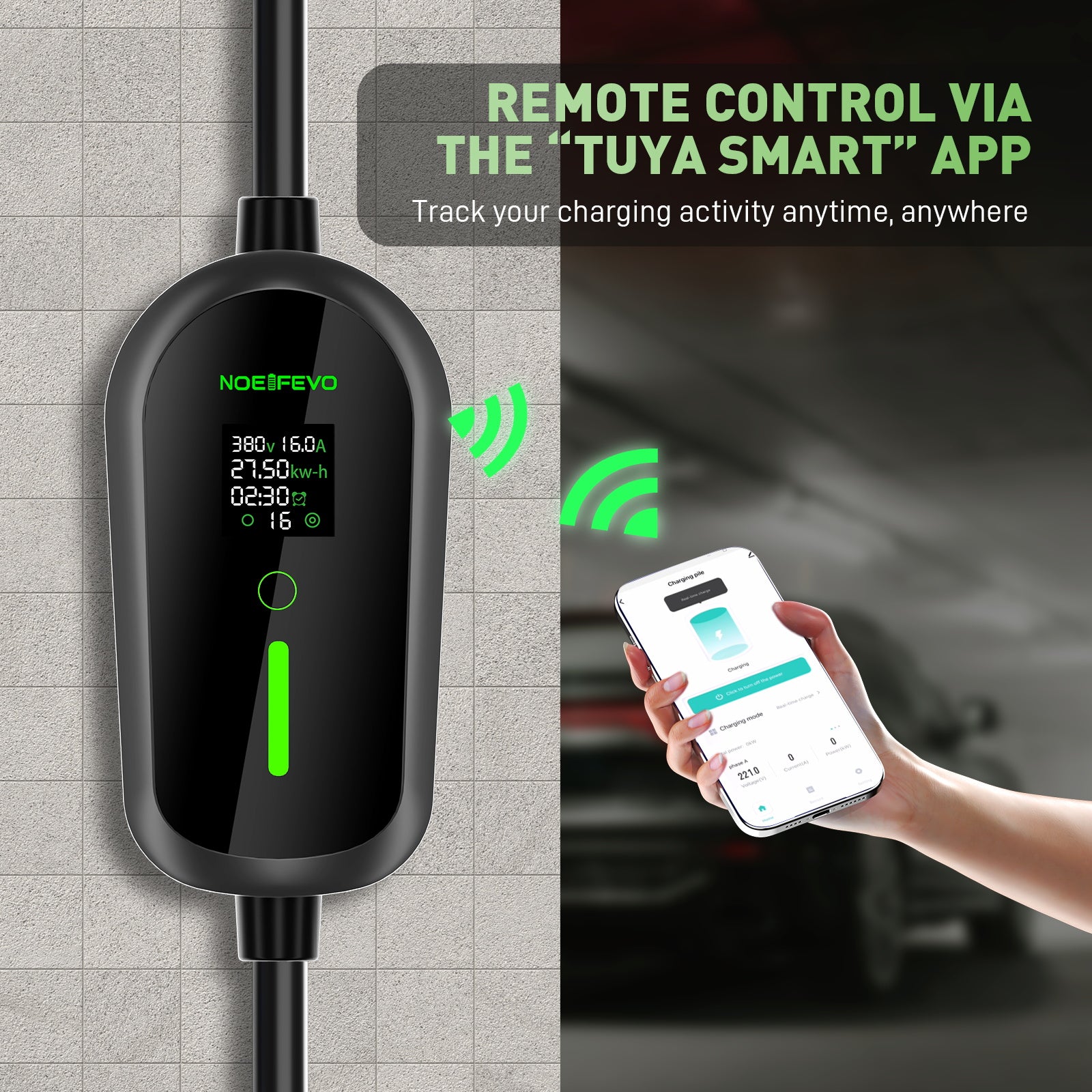 NOEIFEVO EV Wallbox 11kW mit App, Mobile Ladestation 3-Phasen 400V (6-16A einstellbar), Type 2 Ladekabel mit EU-Reiseadapter (CEE32/CEE16A/Schuko/Type2 Stecker), IP65 wasserdicht, RCD-Schutz, Tuya Smart APP.