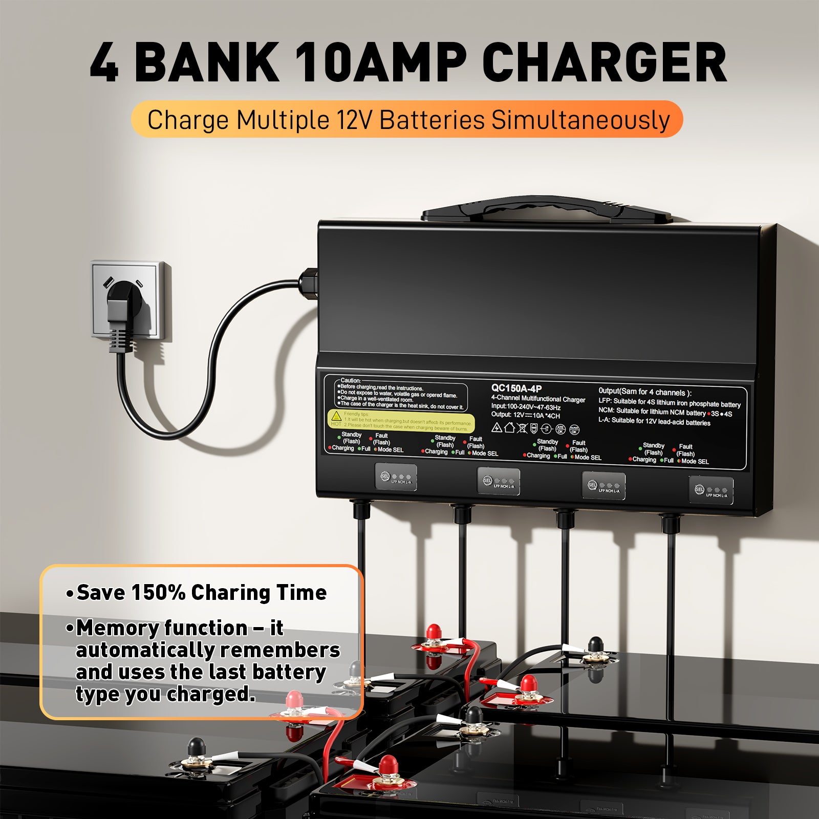 NOEIFEVO Univerzálny nabíjač batérií 12V 40A 4-banks (10A/banka), vodotesný nabíjač 12V LiFePO4 lítiovo-olovený pre karavan, čln, motorku, kosačku na trávu, trollingový motor a olovo-kyselinové batérie