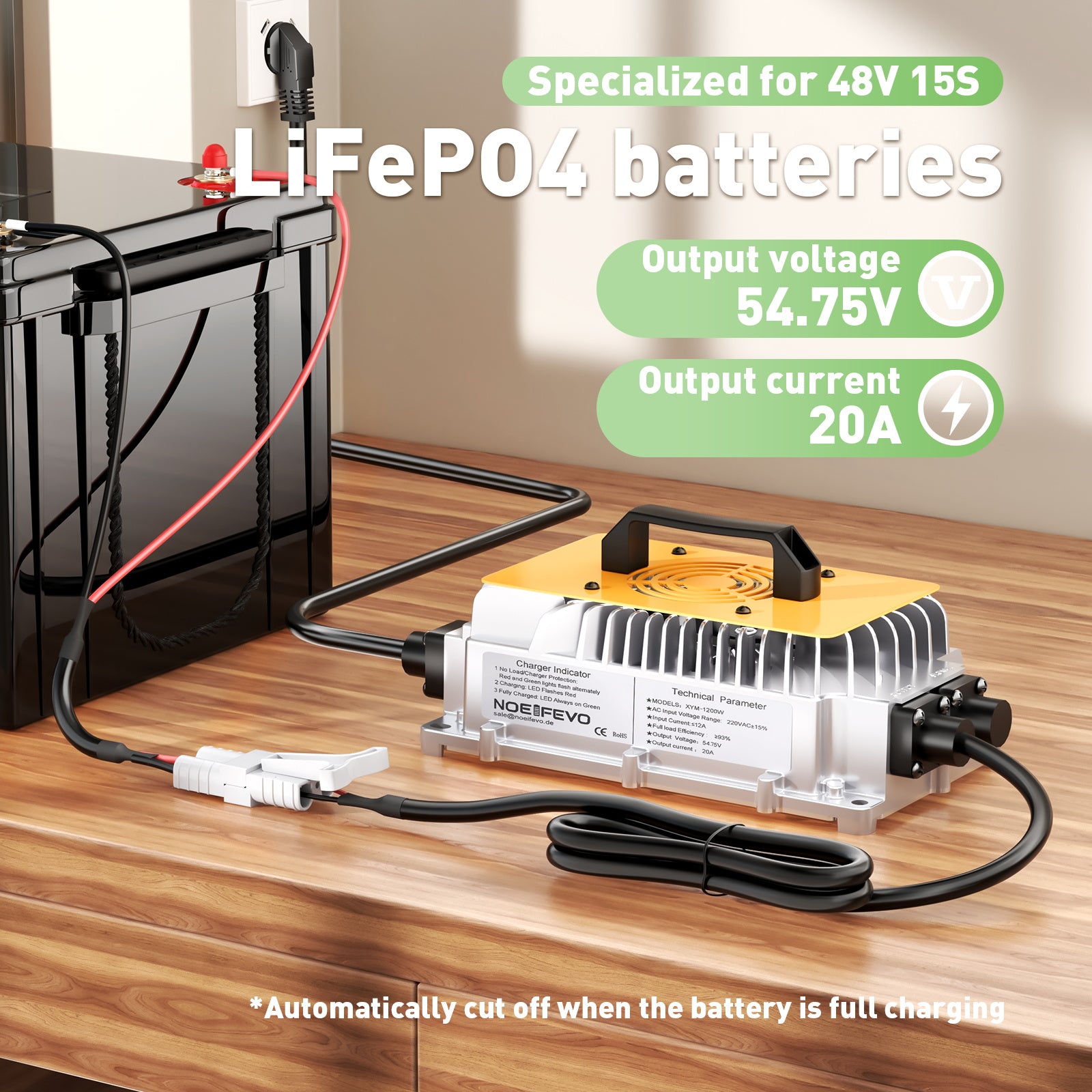 NOEIFEVO 54.75V 20A LiFePO4 batterioplader til 48V 15S LiFePO4 batteri, vandtæt
​