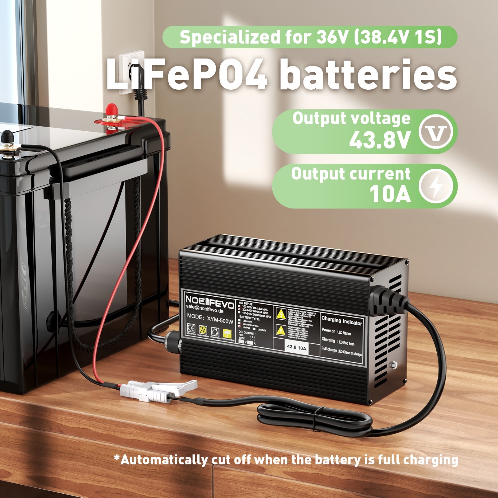 Nabíječka baterií Noeifevo 43,8V 10A LiFePO4 pro baterii 36V 38,4V 12S LiFePO4
​