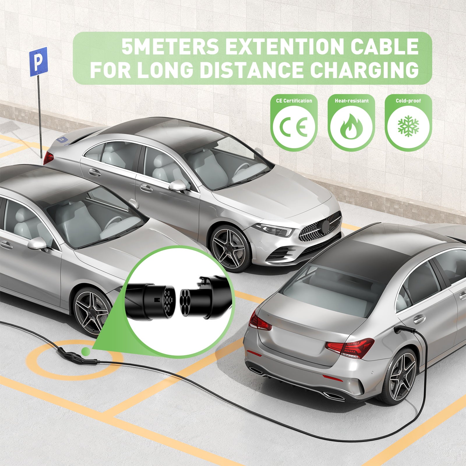 NOEIFEVO Type2 5m/10m EV laddkabel förlängningskabel för laddstation/wallbox, 3,5KW/7KW/11KW/22KW