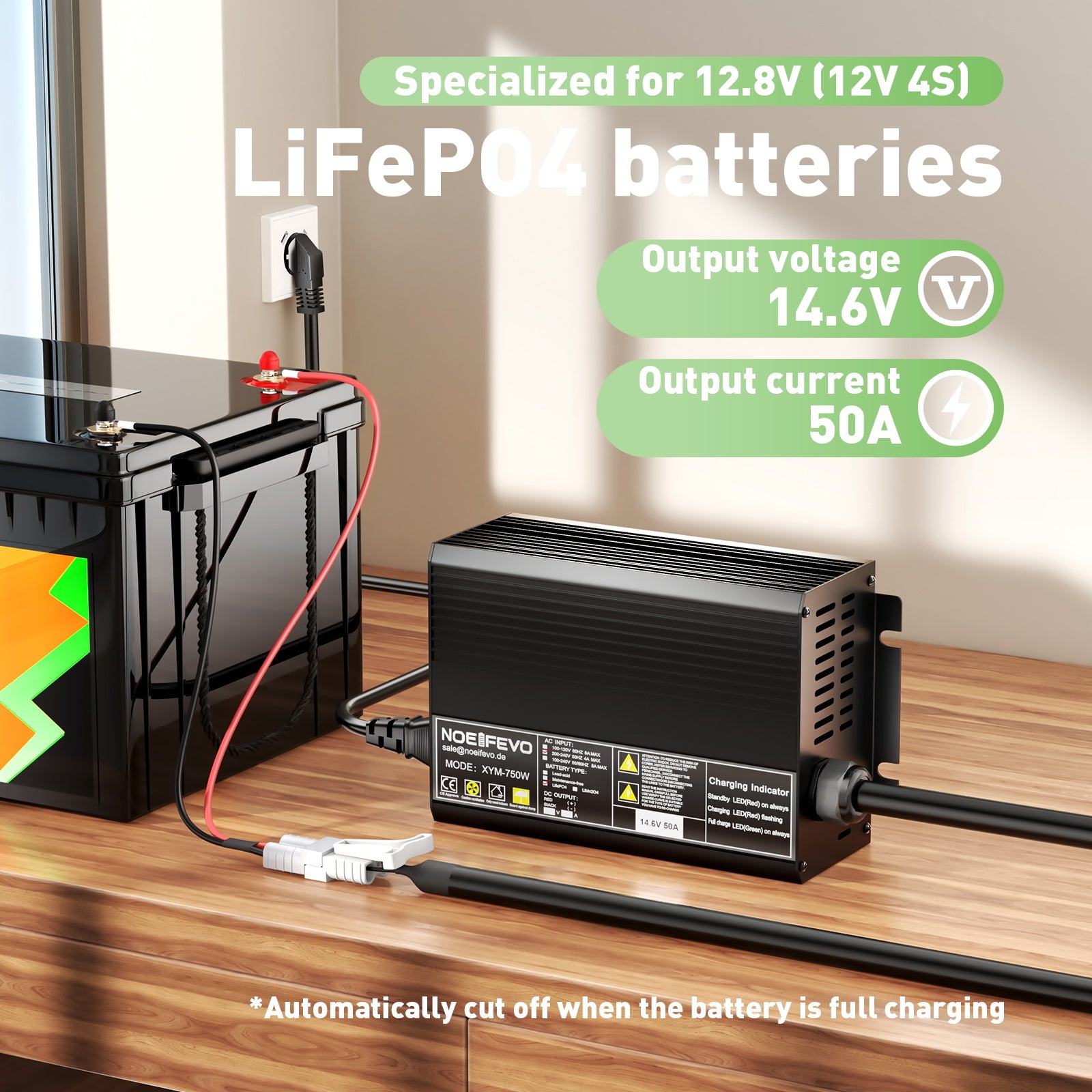 Noeifevo 14,6V 50A Snabb Lithium LiFePO4 batteriladdare för 12V(12,8V) LiFePO4 batteri, 0V BMS aktivera, automatisk avstängning med fullt skydd