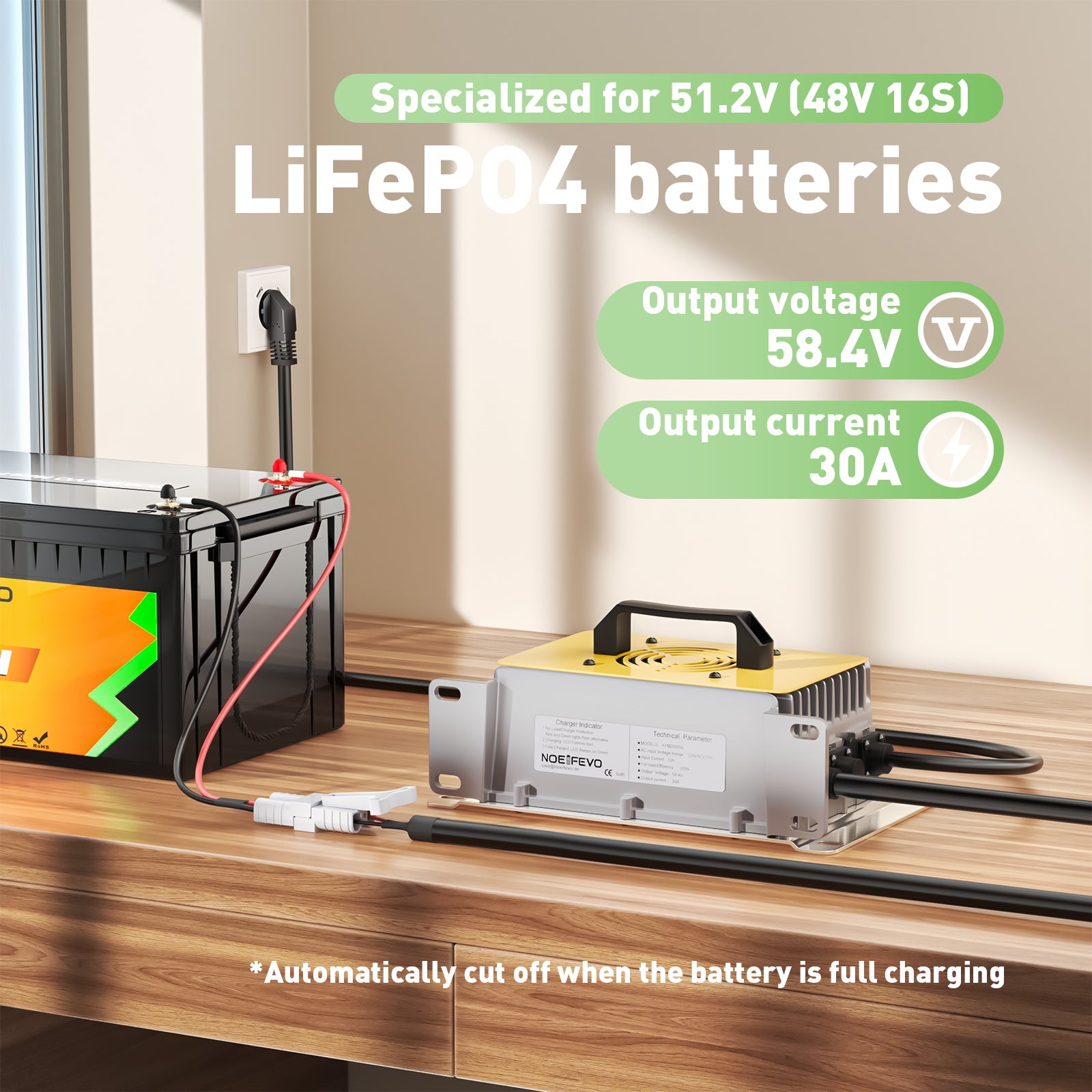 NOEIFEVO 58.4V 30A LiFePO4 batterioplader til 51.2V(48V) 16S LiFePO4 batteri, vandtæt, 0V BMS aktiveret