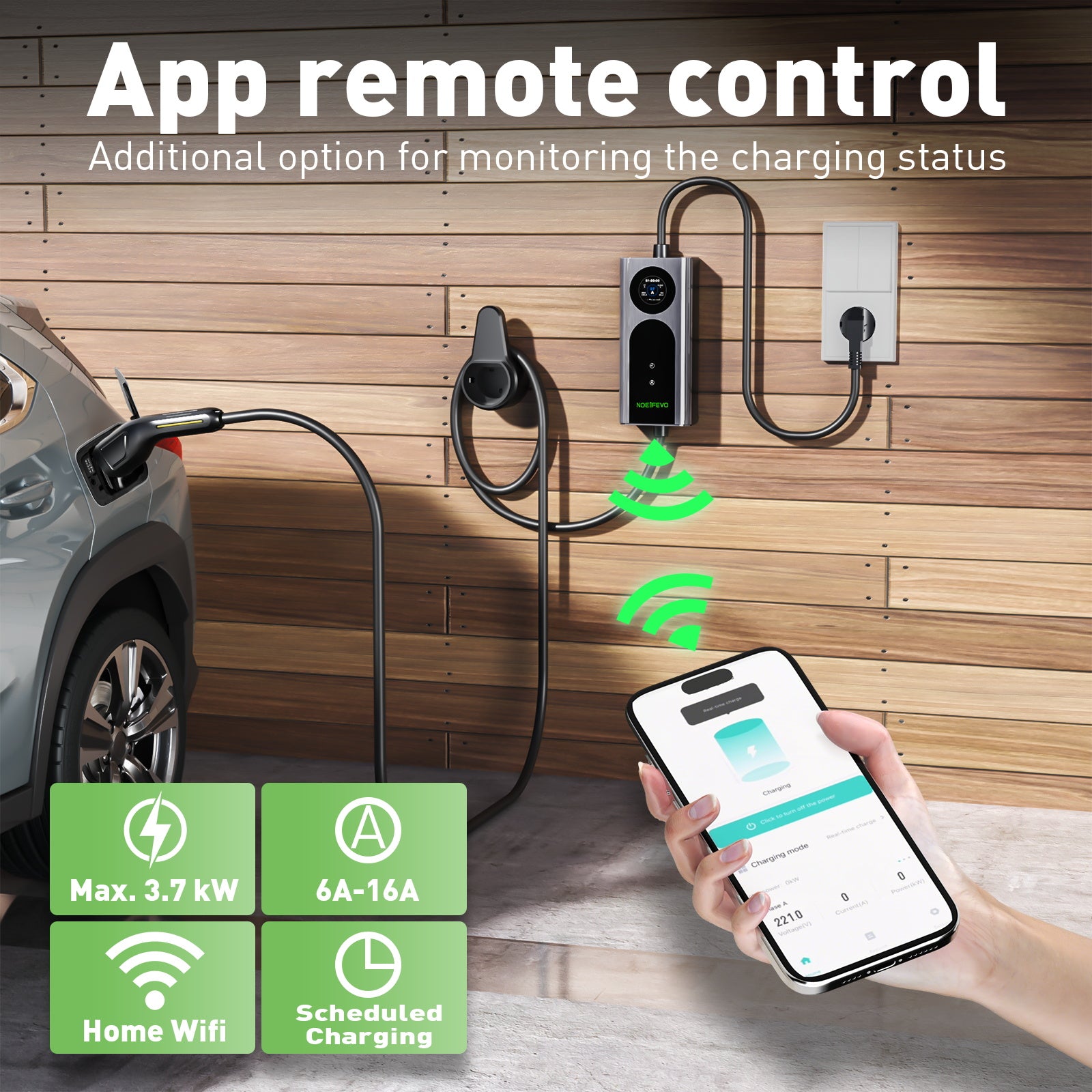 NOEIFEVO CY01 Typ 2 Laddkabel Schuko 220V, 3,7kW Mobil väggbox med APP, 6-16A 1-fas Laddkabel för Alla EVs (IEC 62196-2) & PHEVs