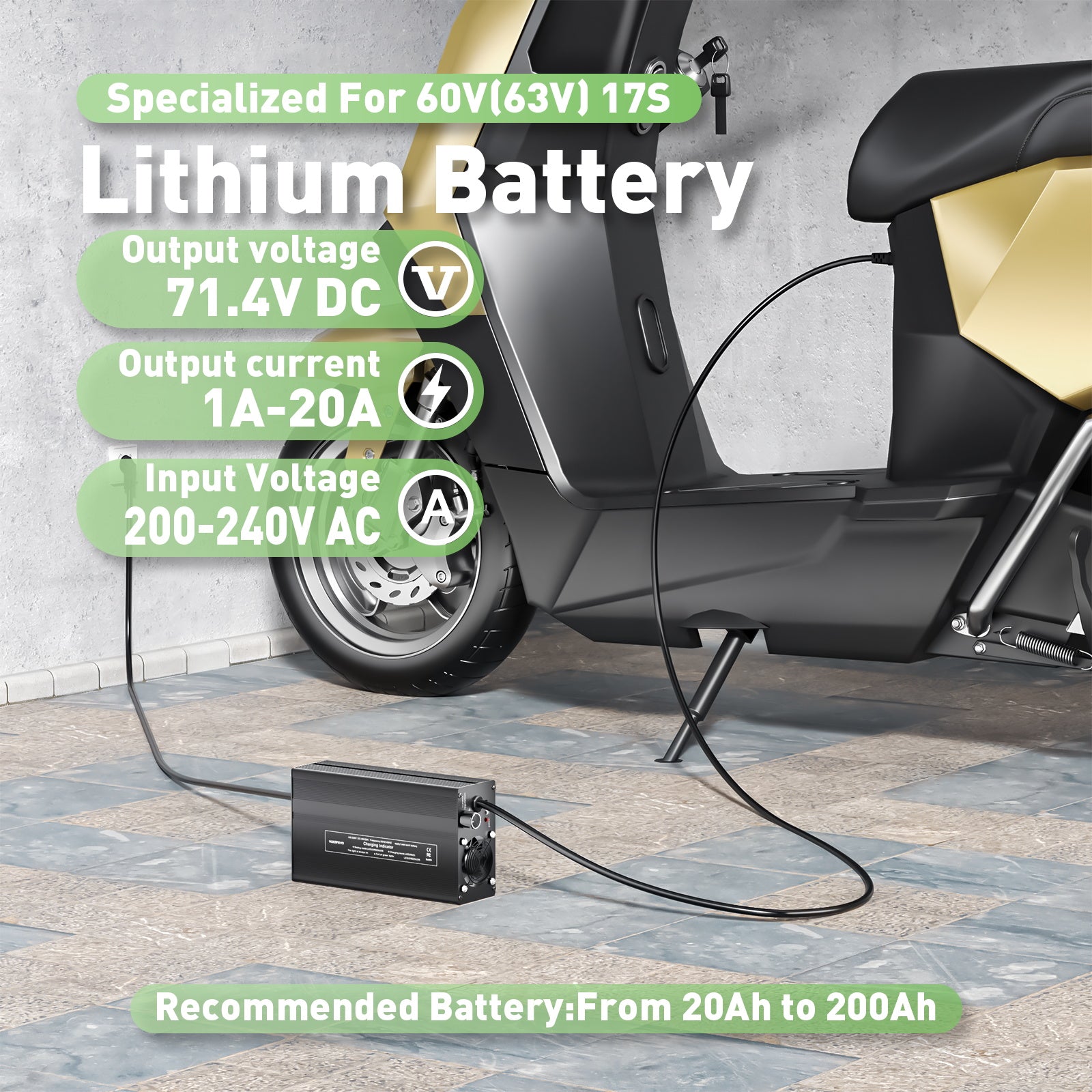 NOEIFEVO 71.4V 20A Lithium-batterijlader voor 60V 62.9V 17S Lithium-Li-Ion-Lipo-batterij, LCD-display, instelbare stroom, lader voor E-bike, scooter, elektromotorfiets