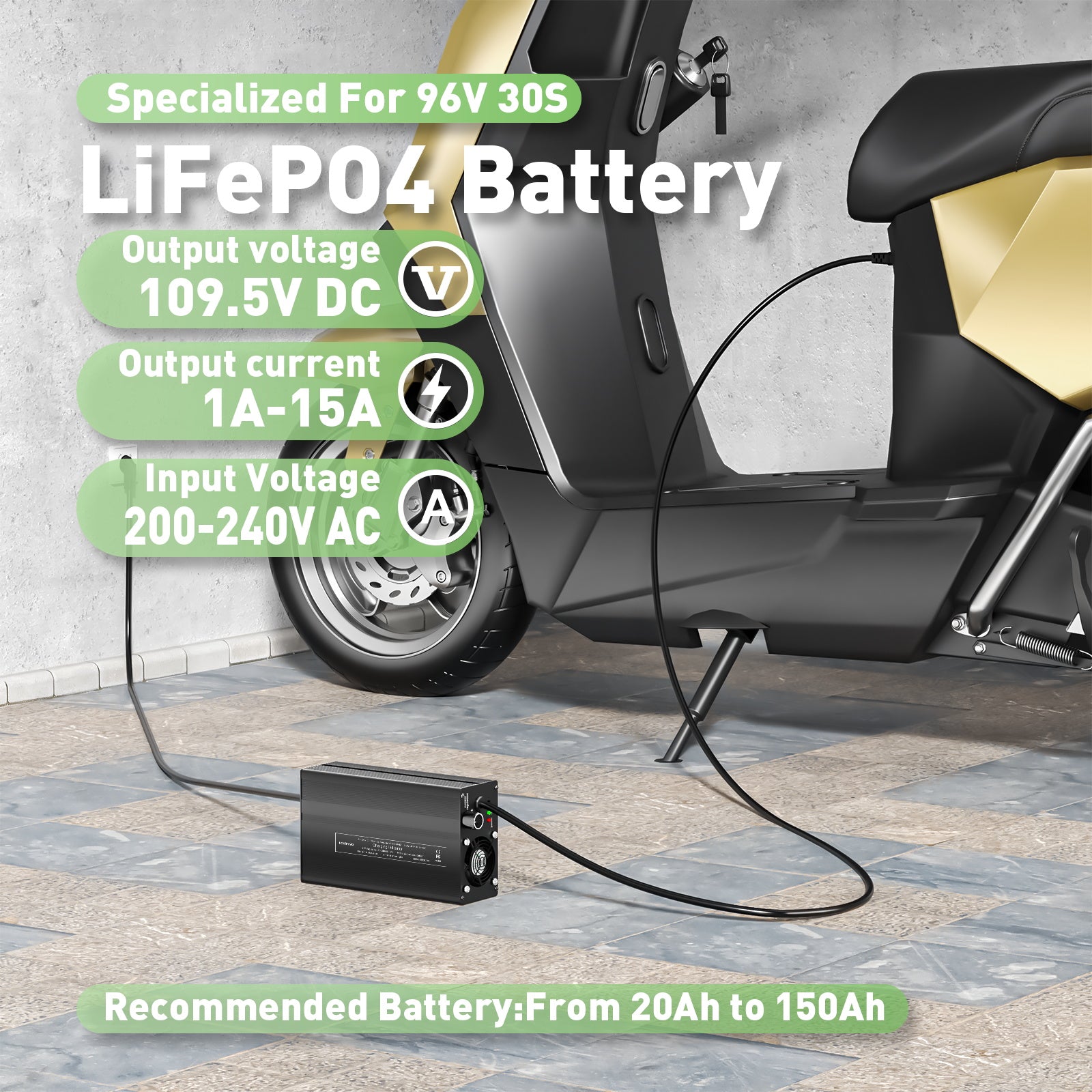 NOEIFEVO 109.5V 1A-15A LiFePO4-batteriladdare, lämplig för 96V 30S LiFePO4-batteri, LCD-display, justerbar ström