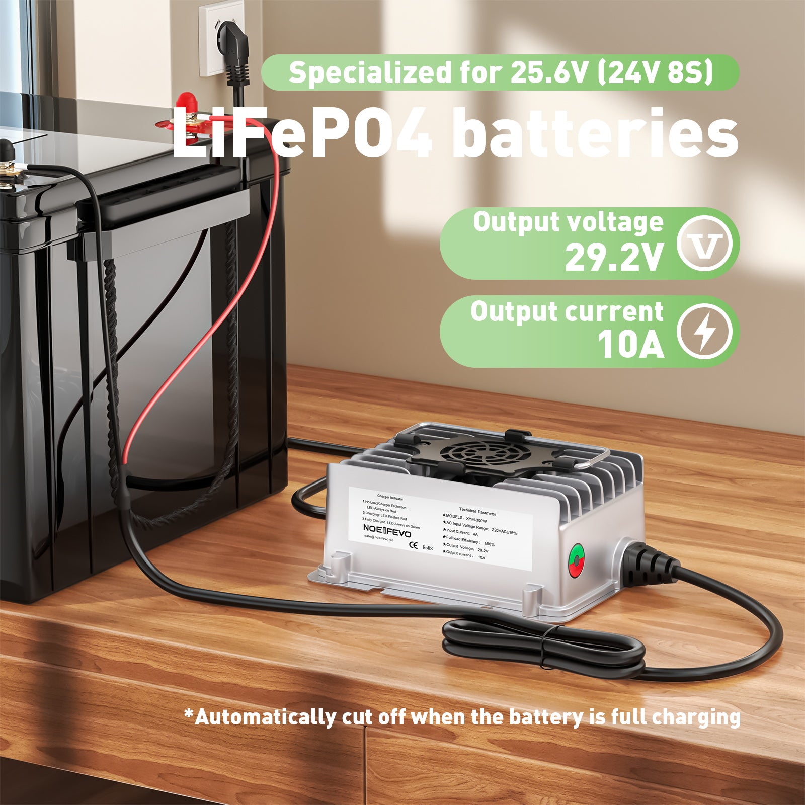 NOEIFEVO 29,2V 10A vattentät LiFePO4 batteriladdare för 25,6V(24V) 8S LiFePO4 batteri