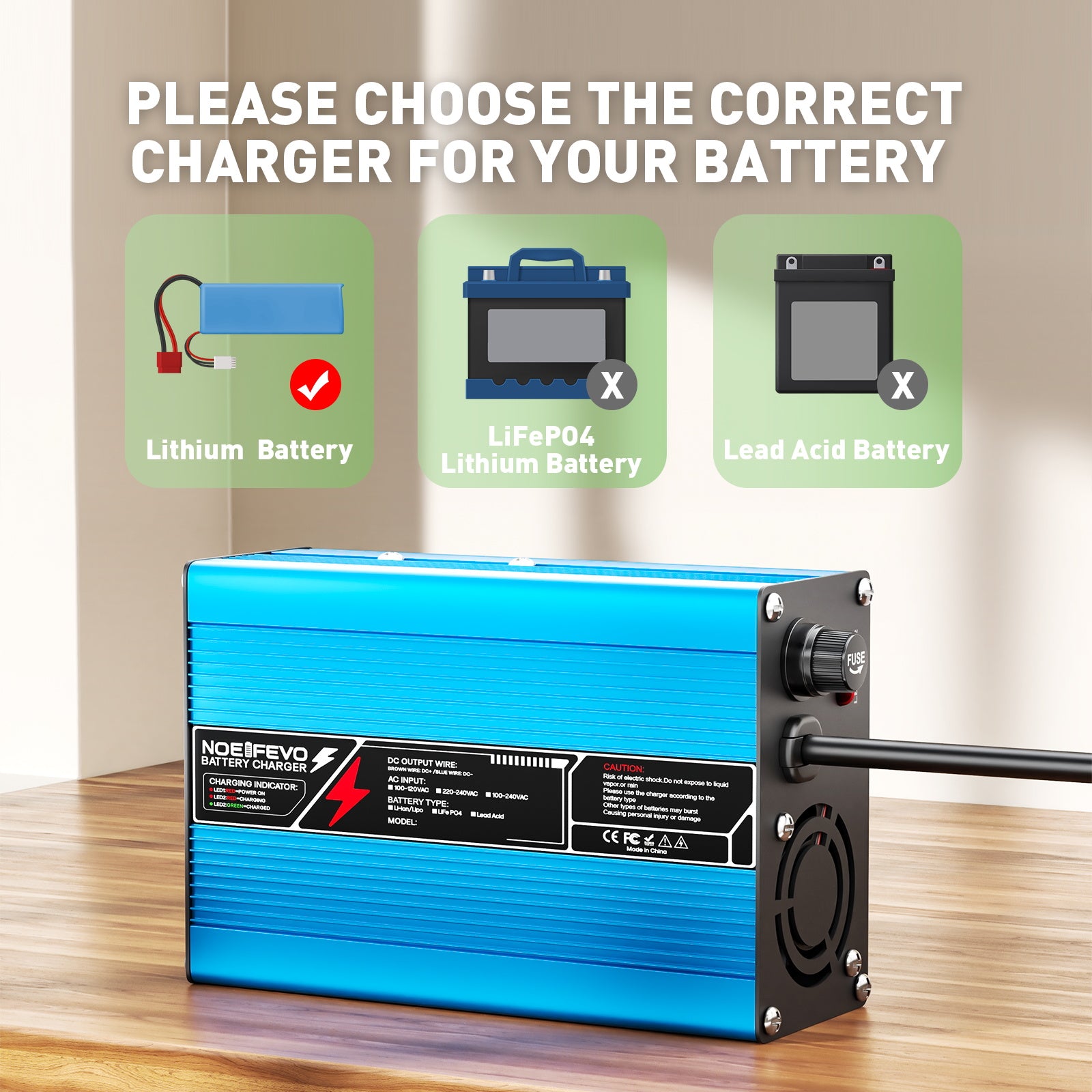 NOEIFEVO 12,6V 15A Lithium-Batterieladdare för 11,1 V 3S-batteri, automatisk avstängning, aluminiumbostad, med fläkt