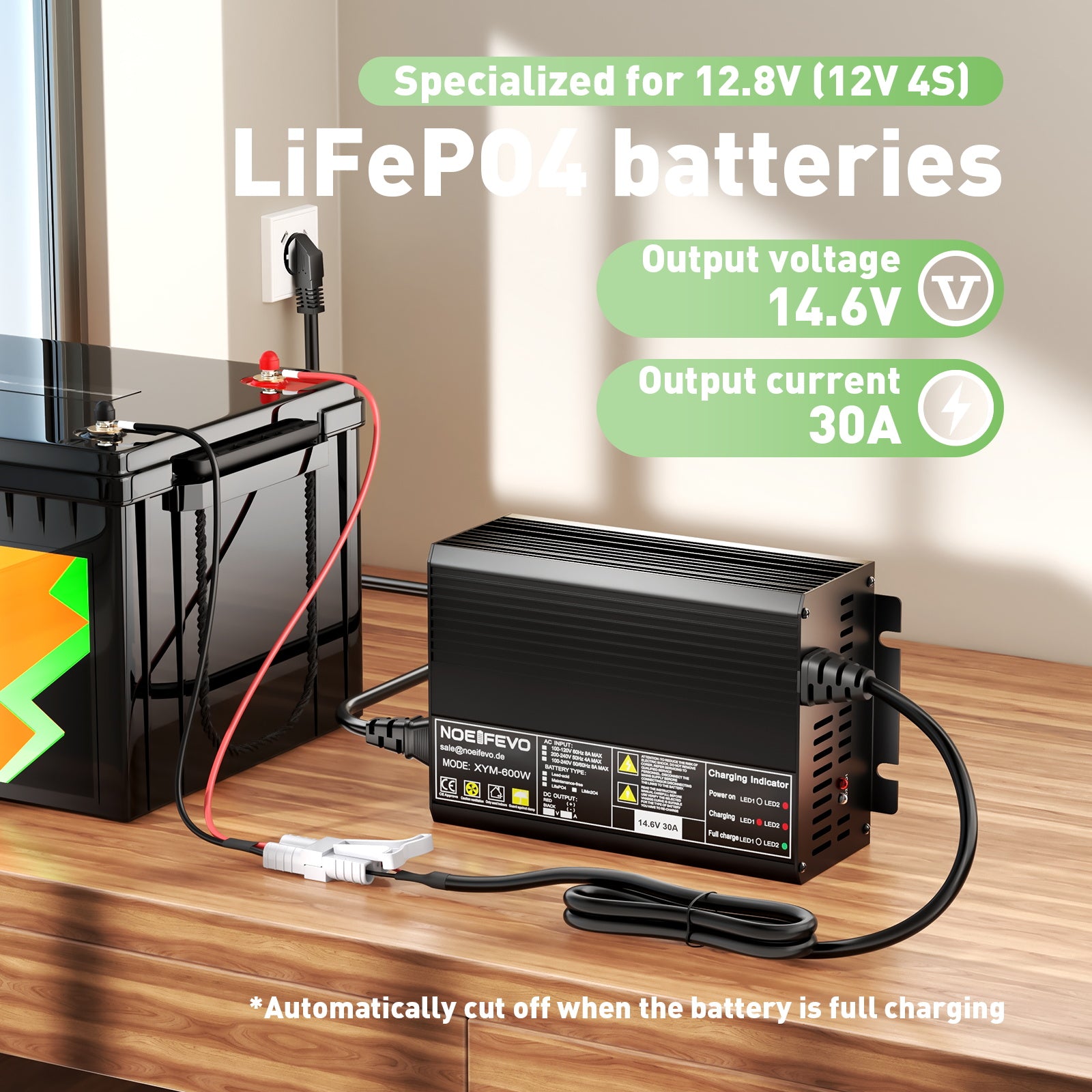 Noeifevo 12V 12.8V 30A LiFePO4 Batterijlader, 14.6V Lader voor LiFePO4 Batterij