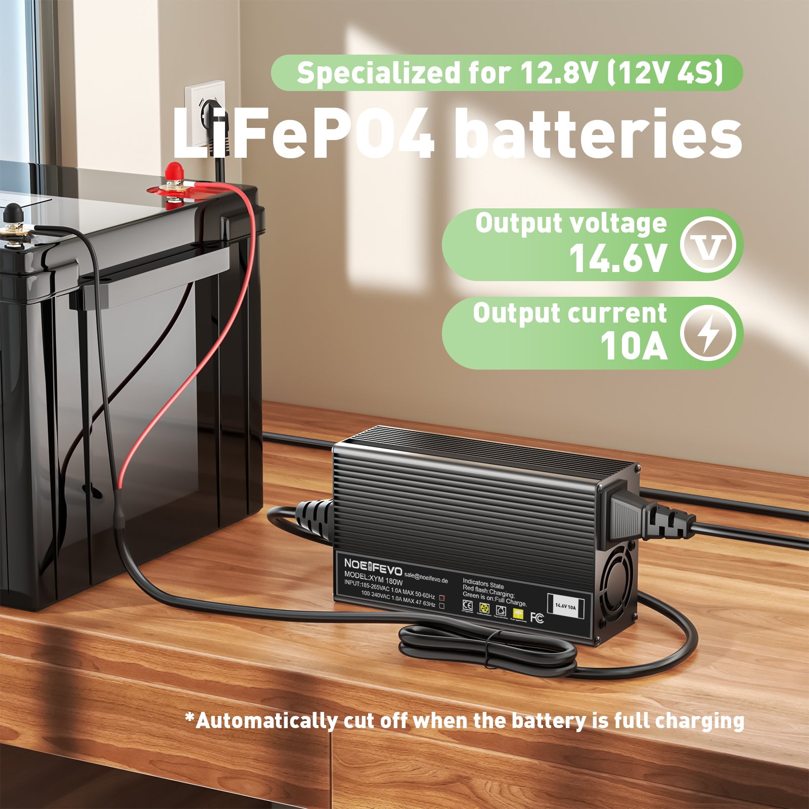 Noeifevo 14,6V 10A LiFePO4 batterioplader til 12V 12,8V LiFePO4 batteri, XLR/IEC/XT60/Anderson 50A/M8