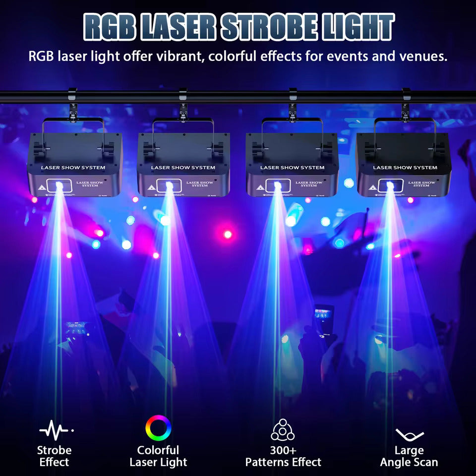 Laser-scene-projektor med RGB-laserskanningseffekter, LED-interiørbelysning for scene – ideell for DJs, diskotek, bursdag- og bryllupsfester. Støtter DMX512 og lydaktiv drift