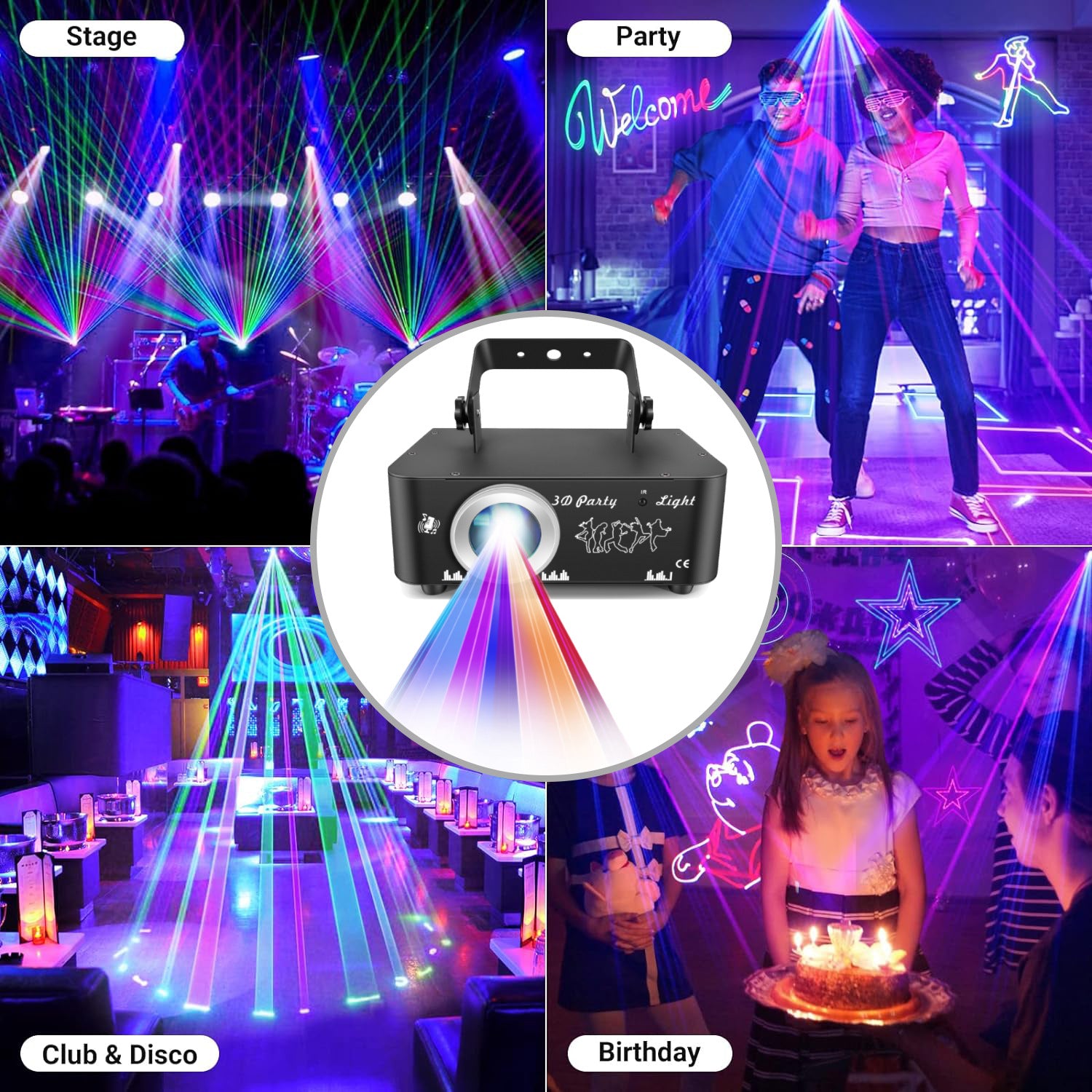DJ Discolicht Partylicht, 3D RGB Animation Disco Licht mit Fernbedienung, Party Lichter mit DMX, Musik Sound Activated Beam Effekt Bühnenlicht für Party Festival Club Bühne Beleuchtung Show
