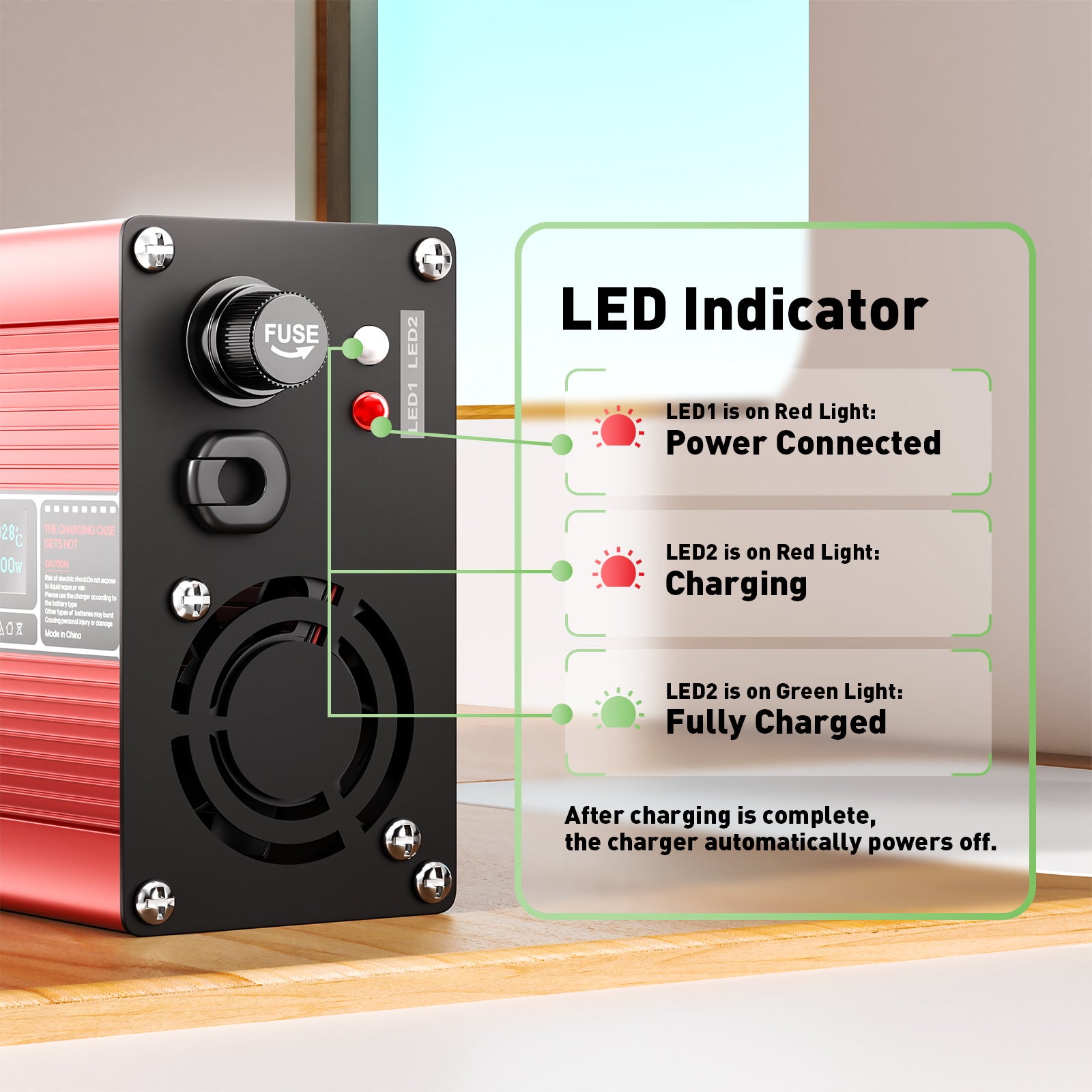 NOEIFEVO 46.2V 4A Lithium Nabíjačka pre 11S 40.7V Li-Ion Lipo Batérie, Chladiaci Ventilátor, Automatické Vypnutie (ČERVENÁ)