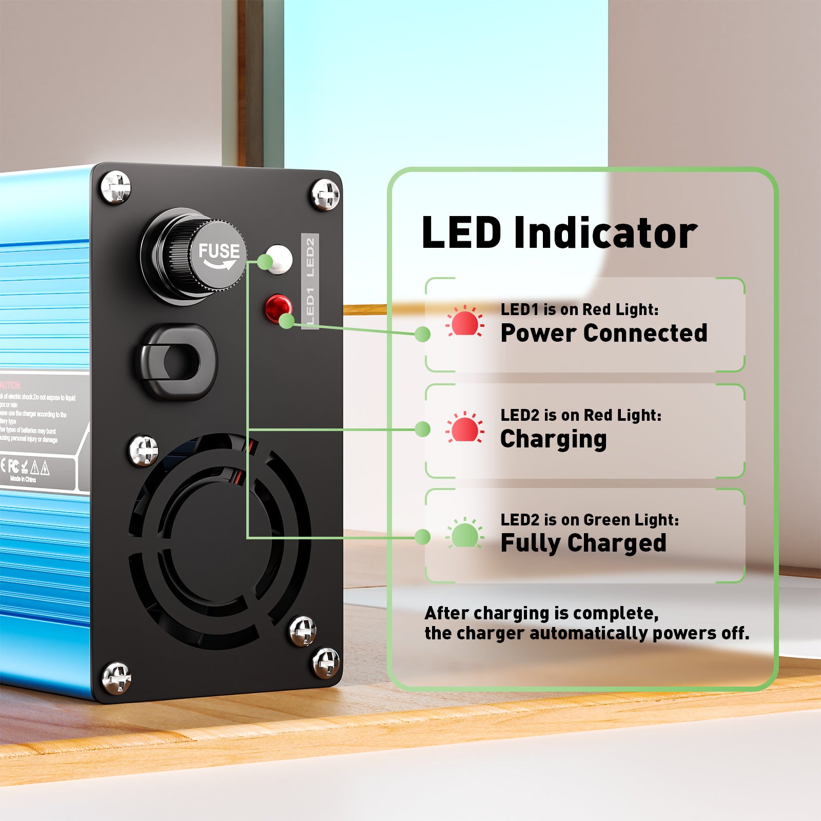 מַטְעֵן ליתיום NOEIFEVO 54.6V 2A 2.5A 3A עבור סוללות Li-Ion Lipo 13S 48.1V, מאוורר קירור, כיבוי אוטומטי (כחול)