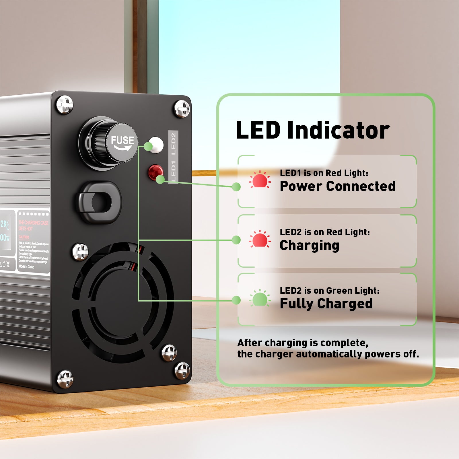 NOEIFEVO 36.5V 4A LiFePO4 nabíječka baterií pro 10S 32V LiFePO4 baterii, s LCD displejem, chladicím ventilátorem, automatickým vypnutím