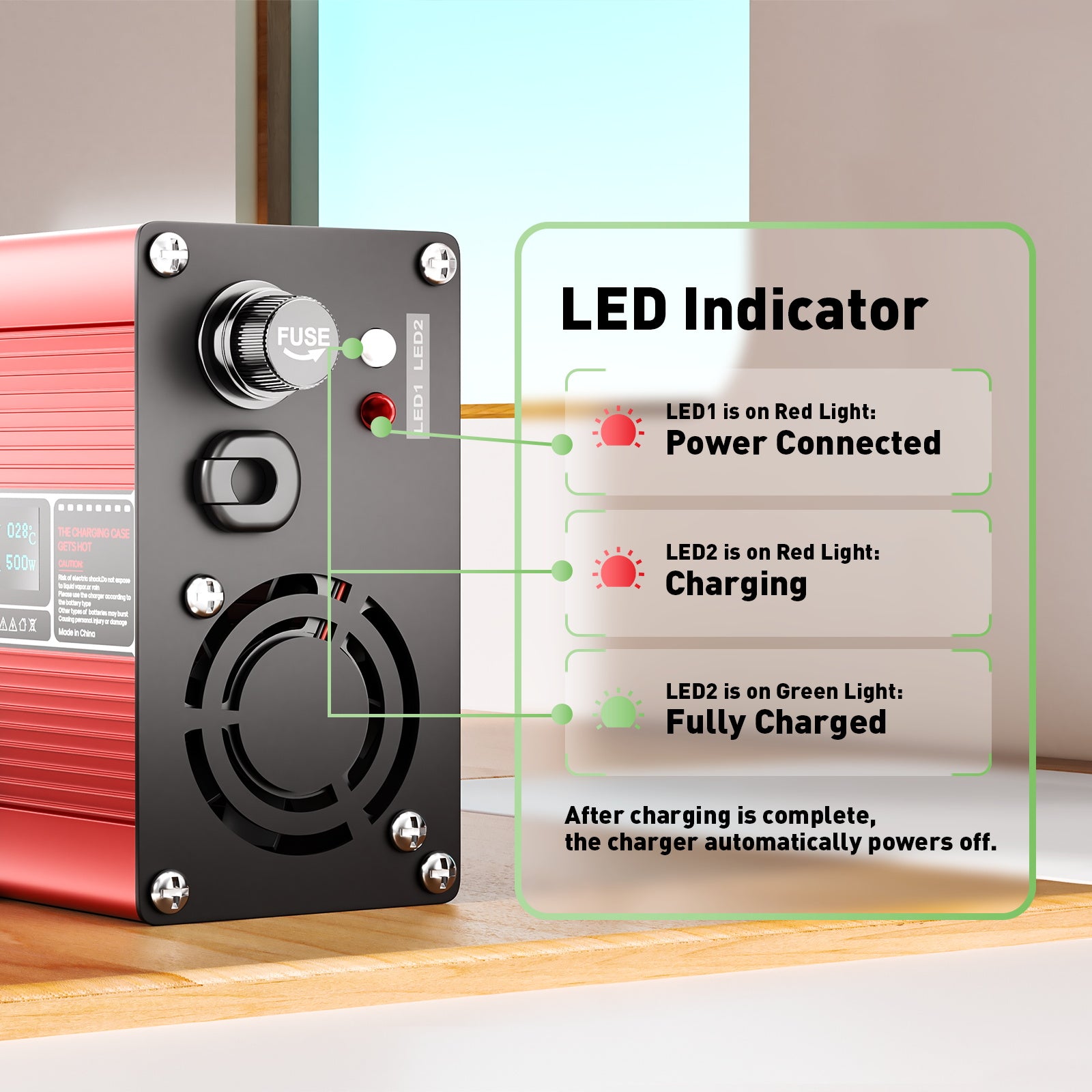 NOEIFEVO 60V 6A Nabíjačka batérií olovené kyseliny, Napätie nabíjania 69V-73,5V, automatické vypnutie, OLED displej, hliníkový kryt, s ventilátorom