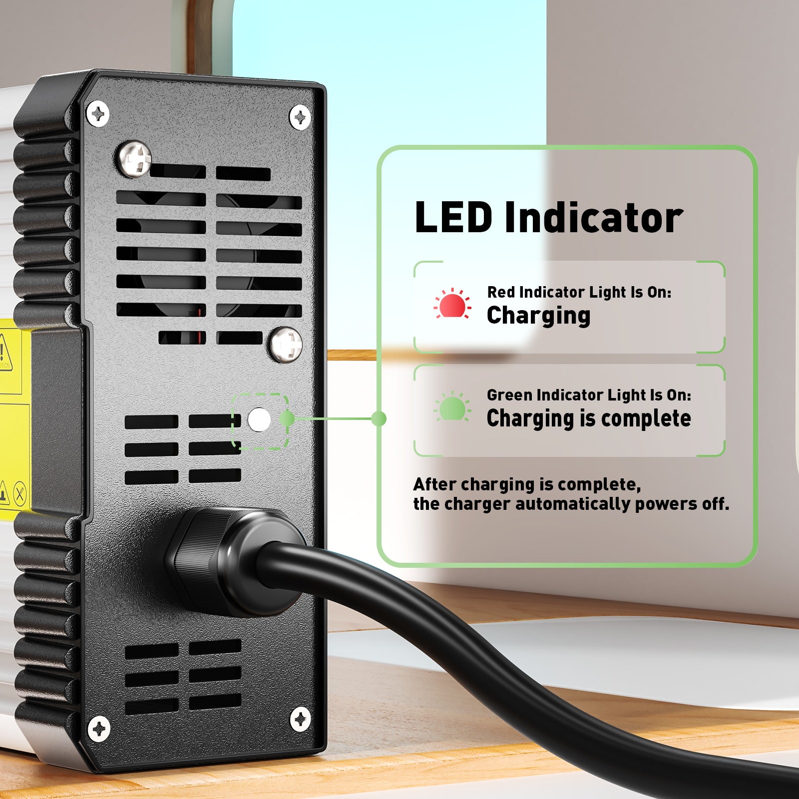 NOEIFEVO Caricabatterie Li-Ion 50.4V 8A per batteria Li-Ion 12S 44.4V, con ventola di raffreddamento, spegnimento automatico