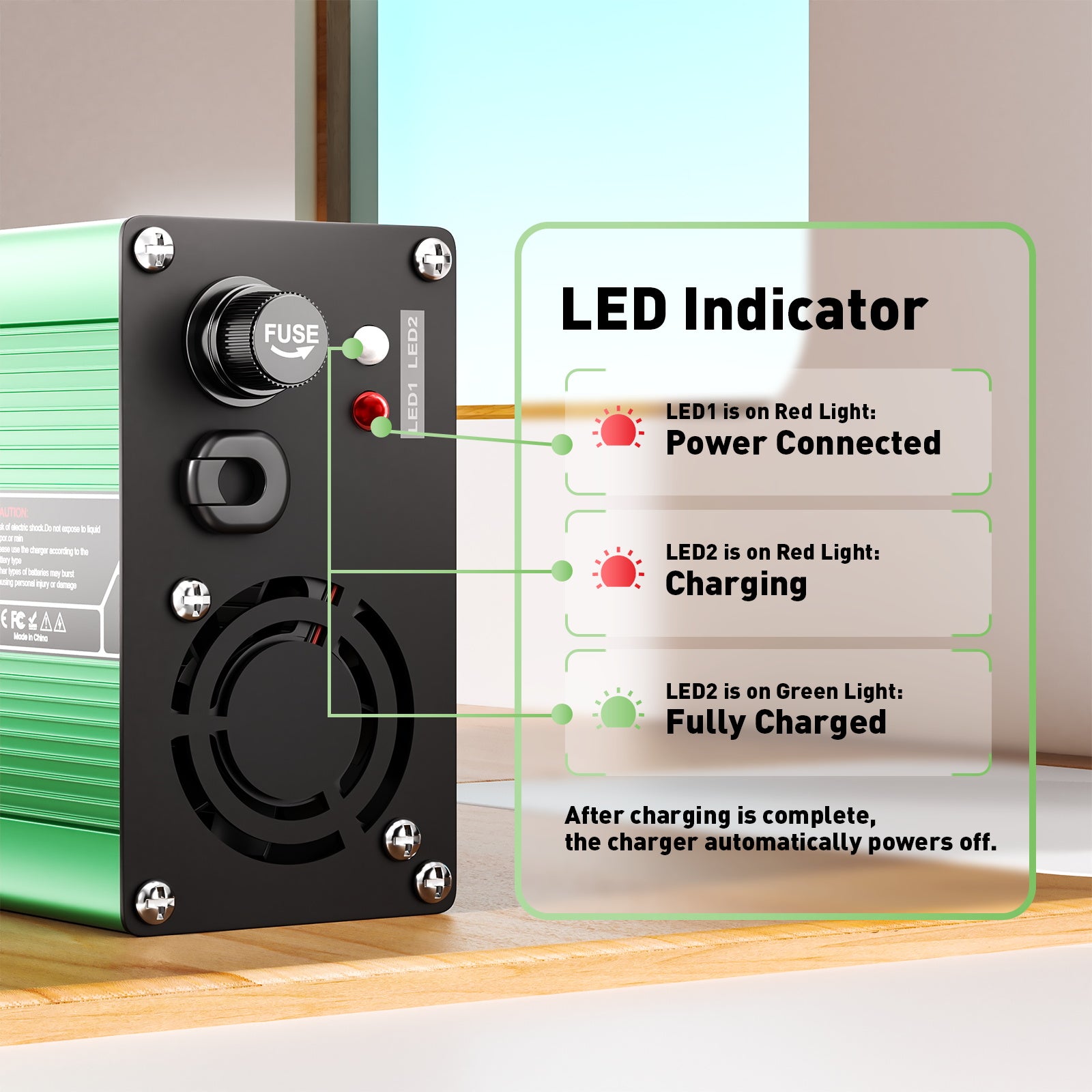 NOEIFEVO 55.2V-58.8V 3A Blysyre-batterilader til 48V blysyrebatteri, køleventilator, automatisk afbrydelse (GRØN)