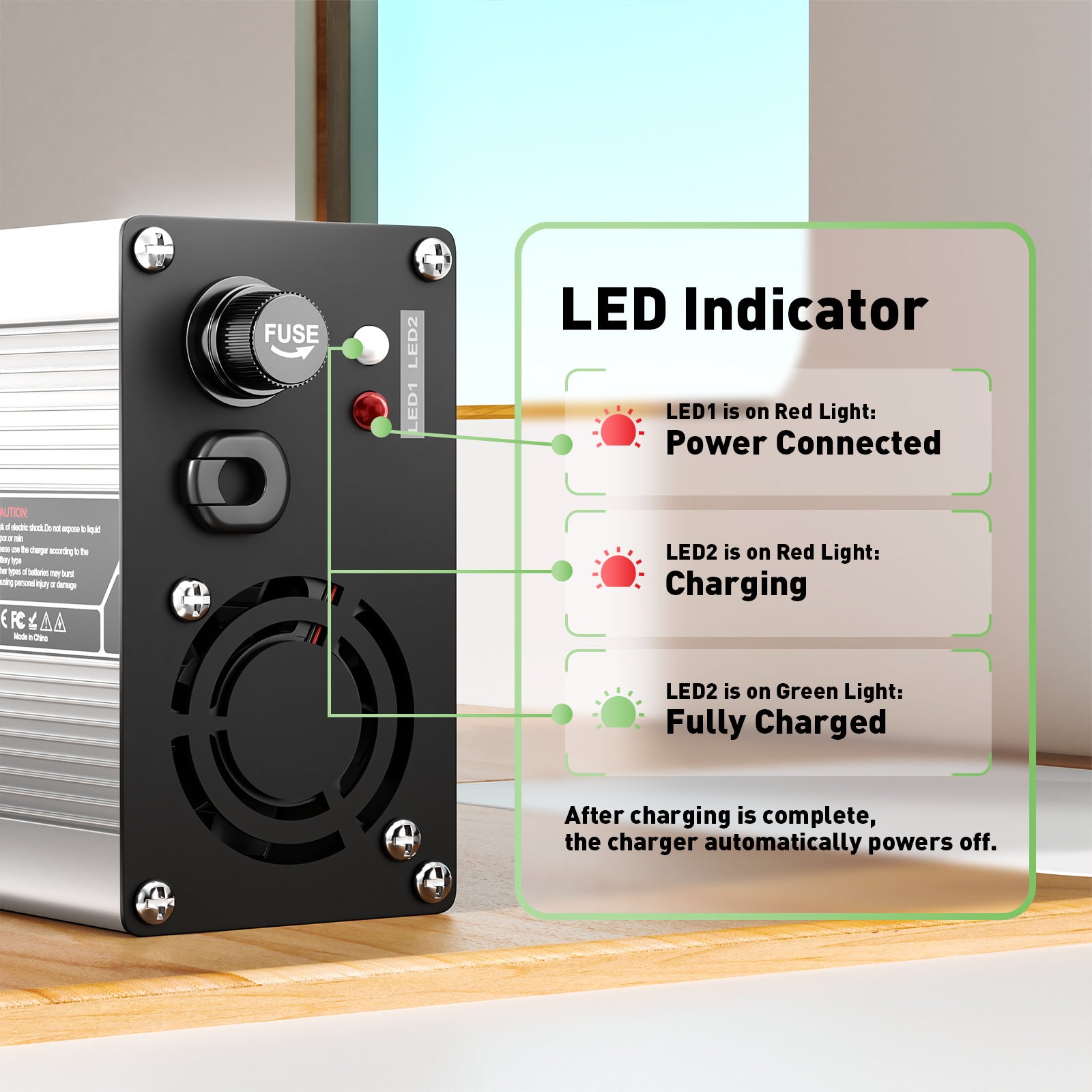 NOEIFEVO 50,4V2A 2.5A 3A Lithium-Oplader til 12S 44,4V Li-Ion Lipo-batterier, med køleventilator og automatisk afbrydelse.