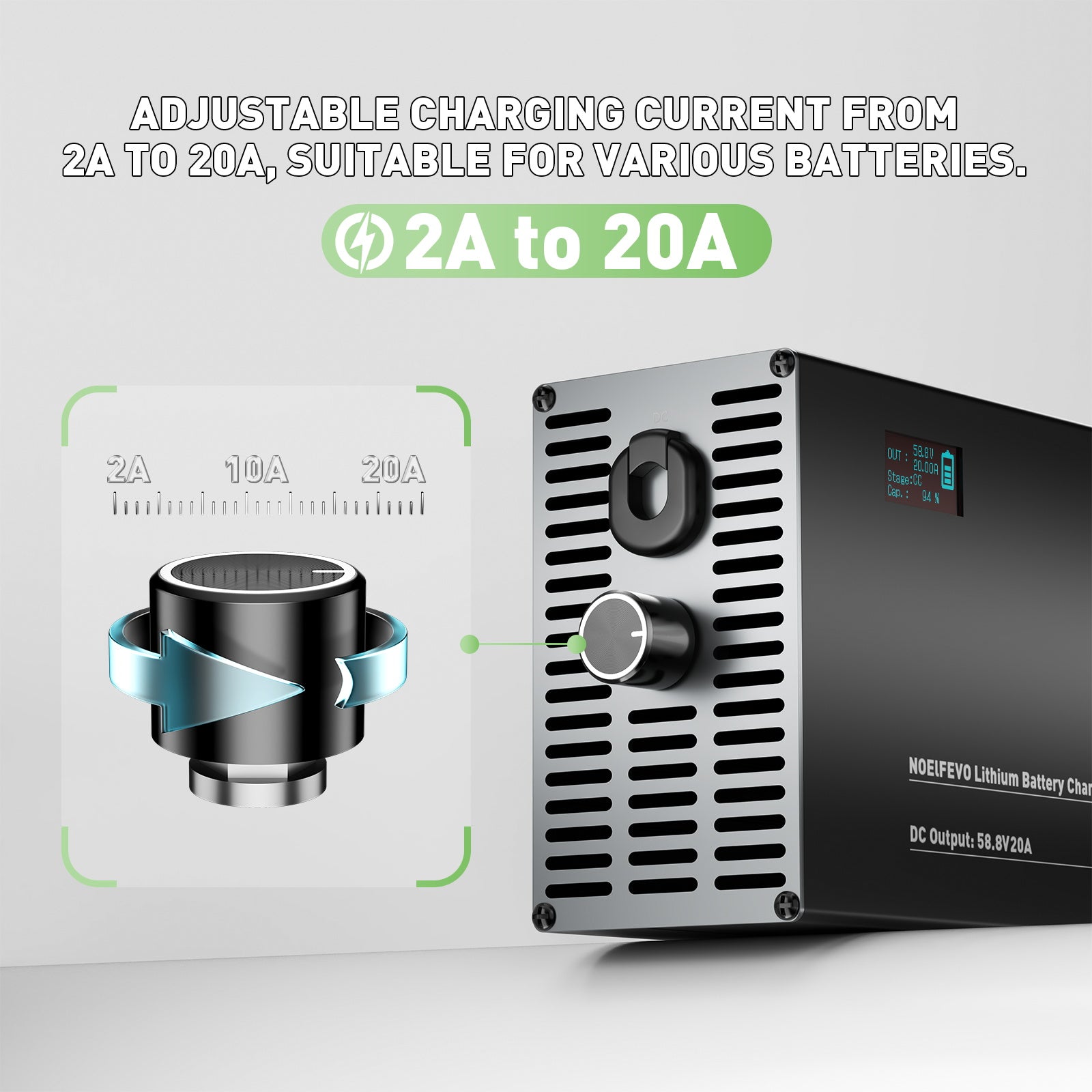 NOEIFEVO 58,8V 2-20A Caricabatterie per batterie al litio 51,8V 52V 14S Li-Ion Li-Po, con display LCD, corrente regolabile, caricabatterie per e-bike, scooter, moto elettrica