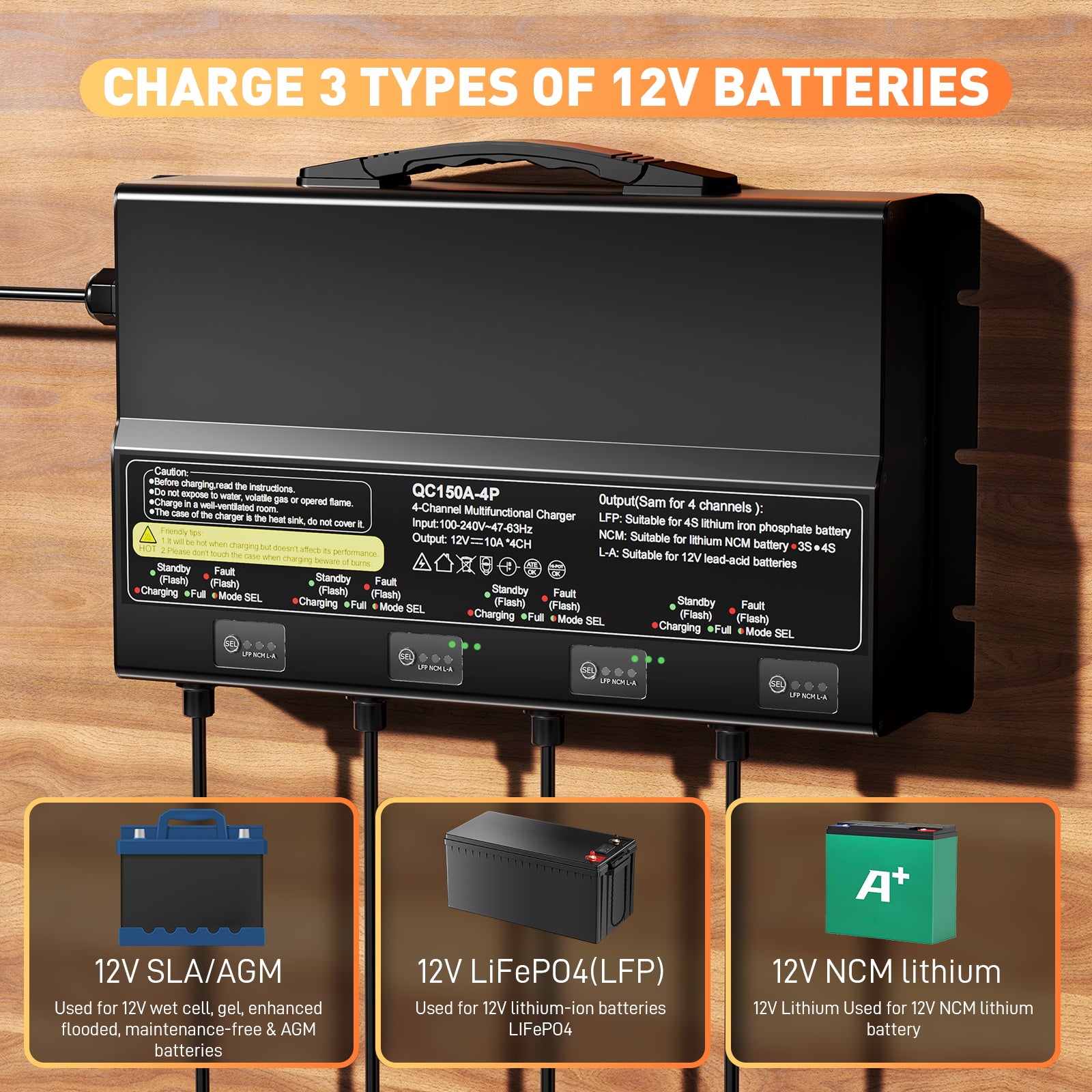 NOEIFEVO Univerzálny nabíjač batérií 12V 40A 4-banks (10A/banka), vodotesný nabíjač 12V LiFePO4 lítiovo-olovený pre karavan, čln, motorku, kosačku na trávu, trollingový motor a olovo-kyselinové batérie
