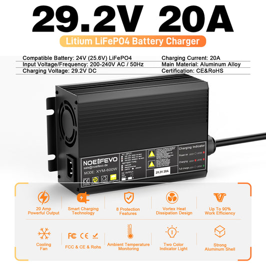 Noeifevo 29,2V 20A LiFePO4 batteriladdare för 24V 25,6V litiumbatteri, 0V BMS aktivera, automatisk avstängning med fullt skydd