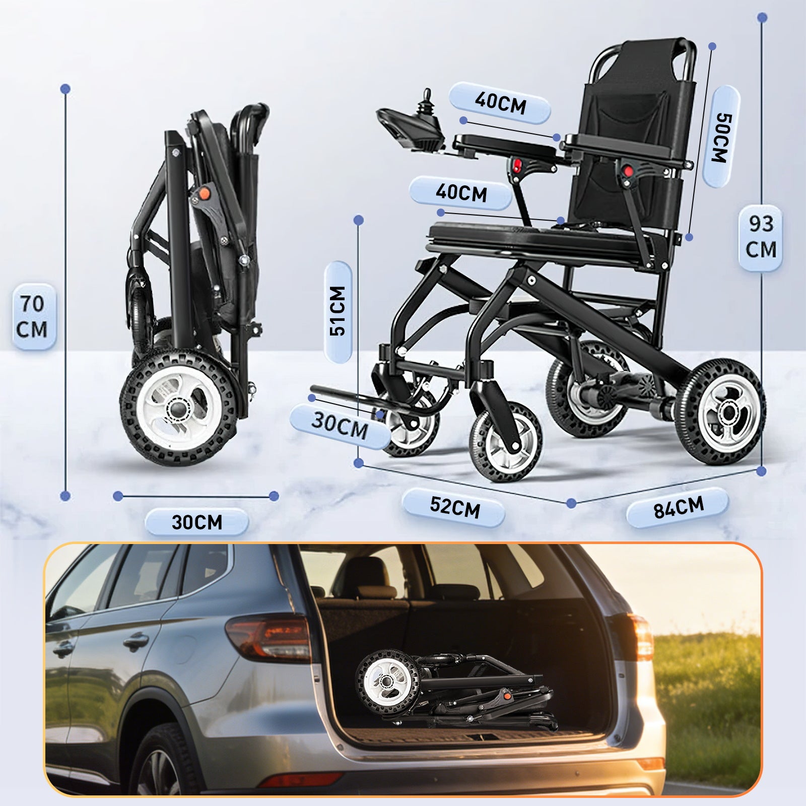 Elektrisk Rullstol – 13.6kg, 300W Motor, Avtagbart Litiumbatteri, Elektromagnetisk Broms, 100kg Bärförmåga, Lätt Hopfällbar Elrullstol Idealisk för Resor & Vardag