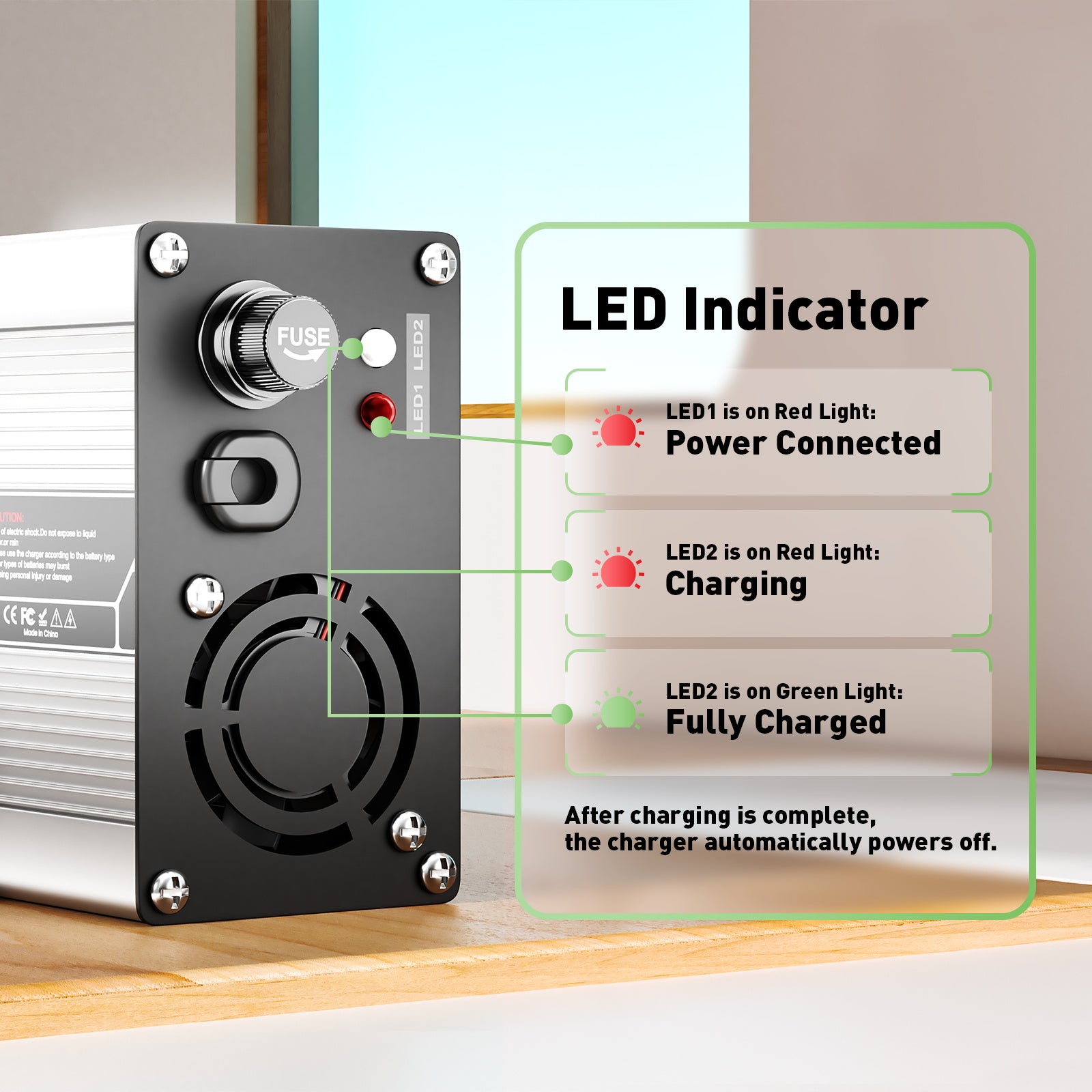 NOEIFEVO 14,6V 20A LiFePO4 nabíječka baterií pro 12V (12,8V) 4S baterii, automatické vypnutí, hliníkový kryt, s ventilátorem (stříbrná)